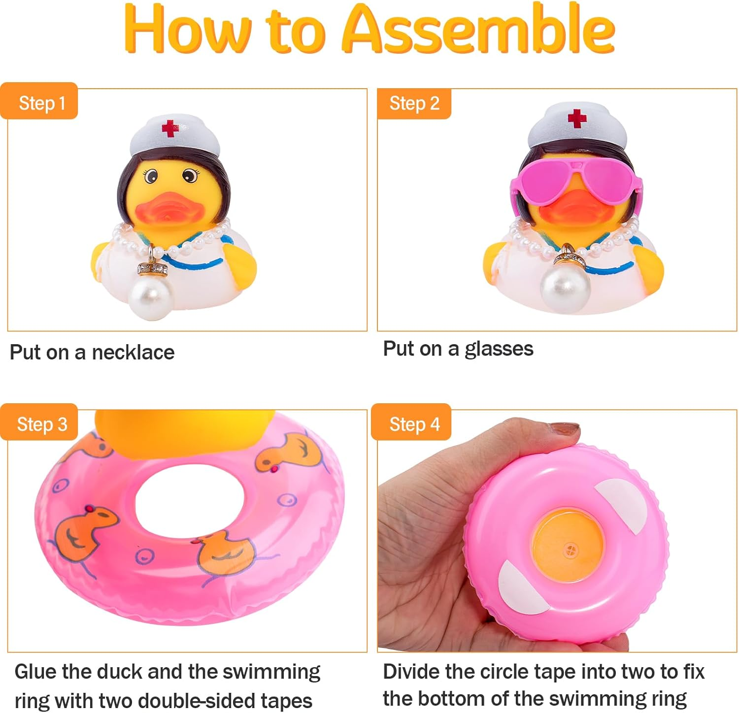 Wonuu Car Rubber Duck Car Duck Decoration Dashboard Car Ornament for Car Dashboard Decoration Accessories with Mini Swim Ring Necklace and Sunglasses, A_Nurse Duck_Pink Swim_Heart Glasses_Big Pearl