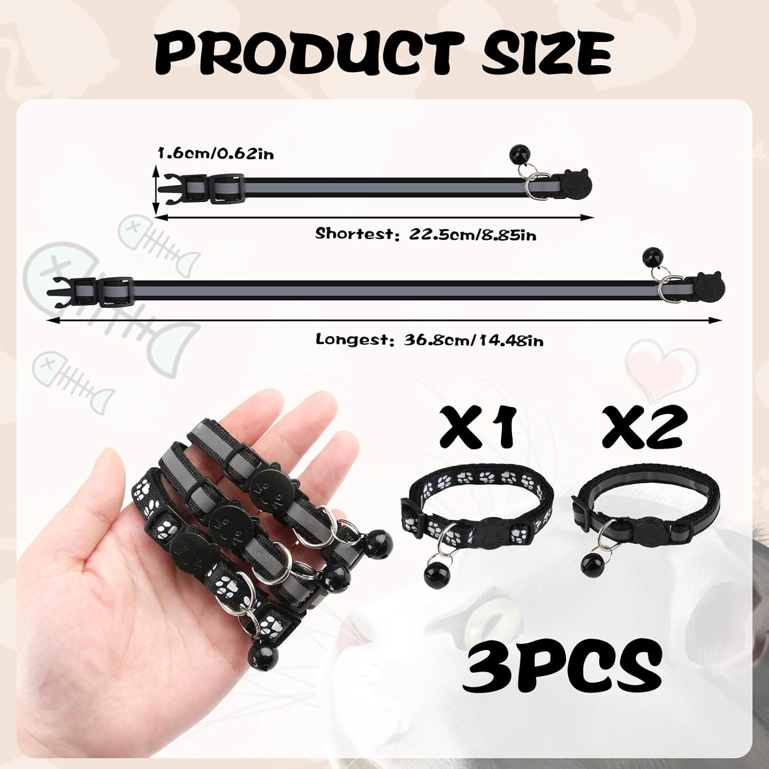 Pack of 3 Reflective Cat Collar with Safety Clasp and Bell, Cat Collar Release Click Buckle Set Adjustable Kitten Safety Collar Cat Collars, 19-32 Cm image number 4