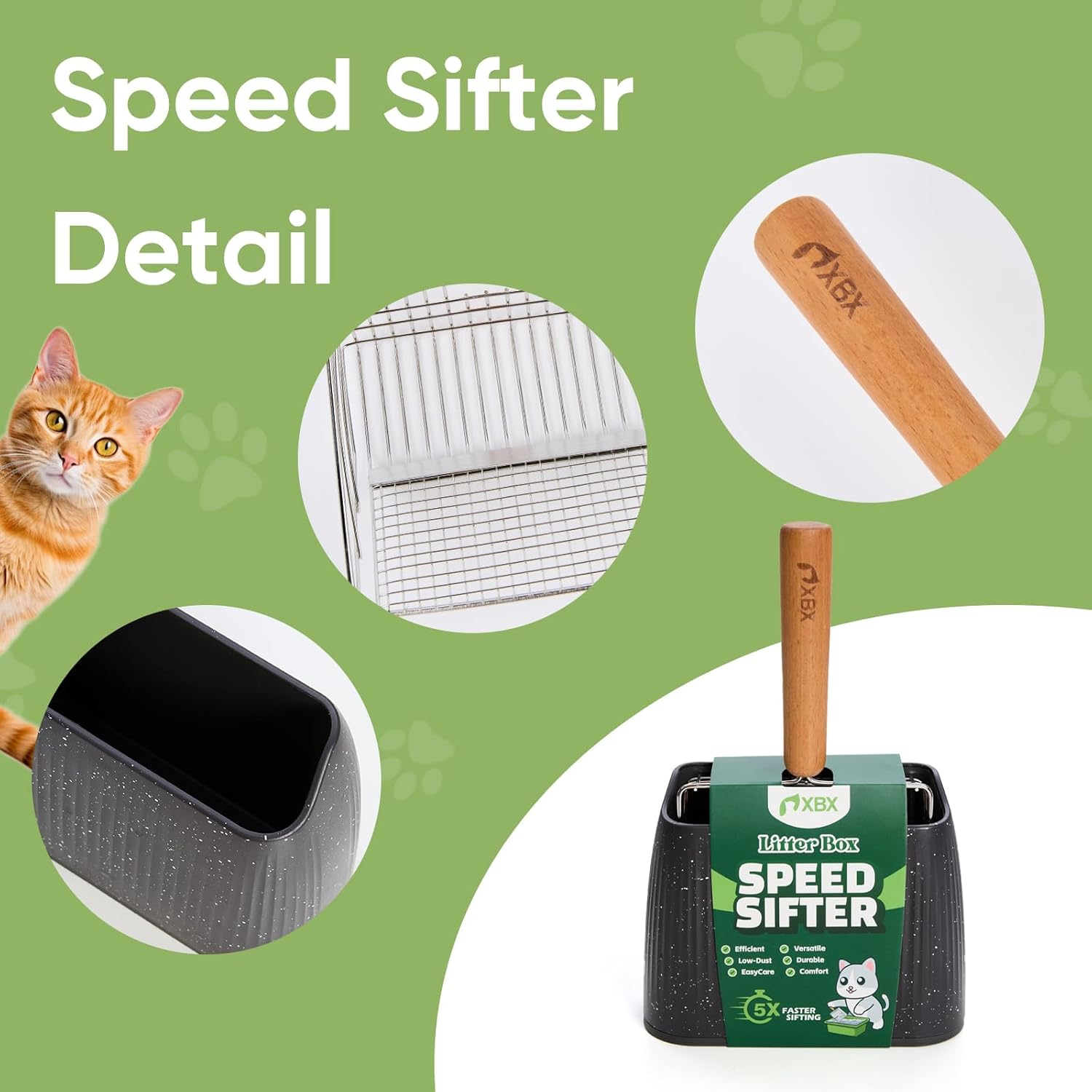 Cat Litter Scoop with Holder, Heavy Duty Litter Sifter, Stainless Steel Litter Shovel, Litter Scooper with Beech Wood Grip and Washable Stand, Perfect for Cat Litter Box Cleaning image number 6