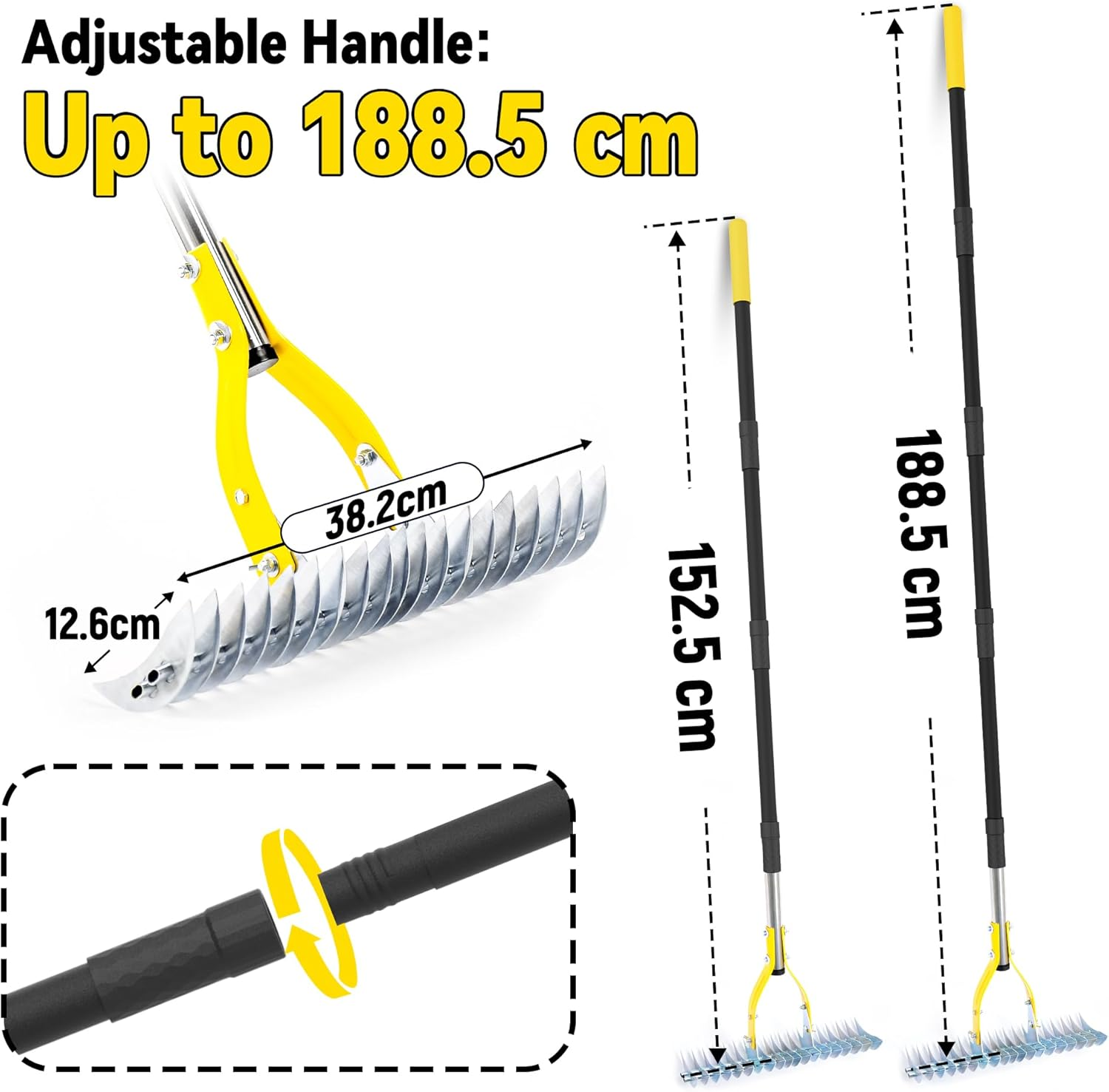 Blumetrec Thatch Rake for Lawn, 15-Inch Adjustable Head Weed Tool, Dethatcher Rake to Cleaning Dead Grass with 188Cm Adjustable Handle, Steel Metal Thatching Rake for Grass, Garden, Yard image number 5