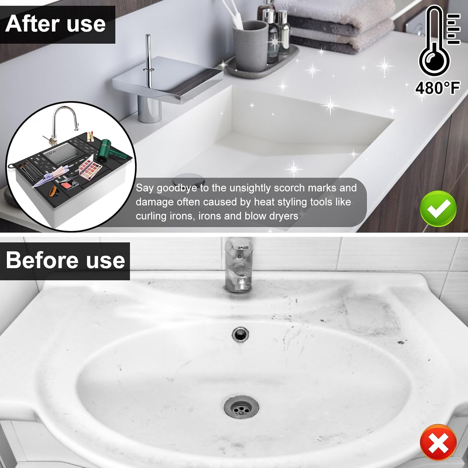 Foldable Sink Cover for Bathroom Counter Space - Silicone Makeup Brush Cleaning Mat, Heat Resistant Organizer Pad, Anti-Slip Vanity Tools Organizer (Black) image number 5