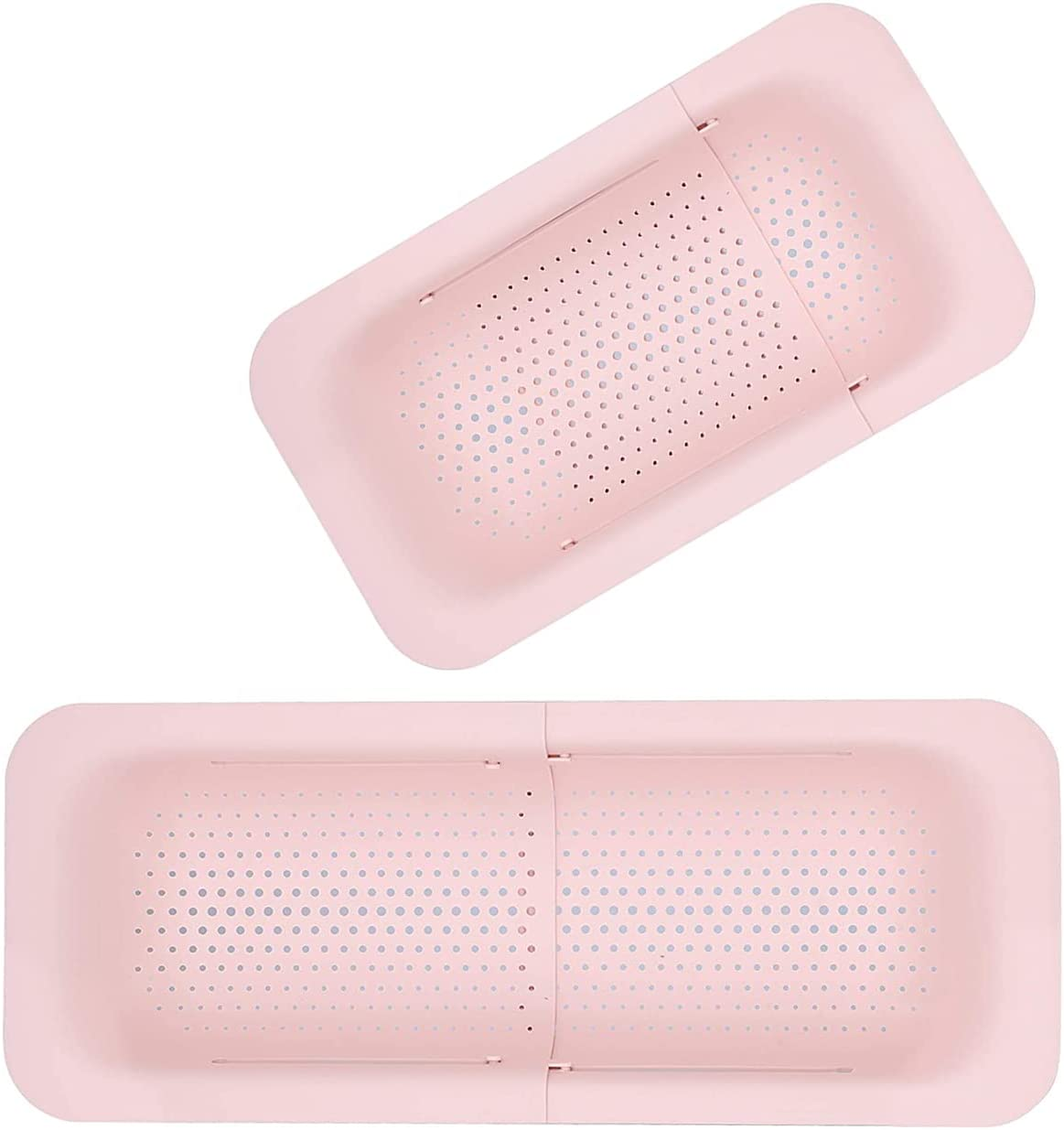 Over the Sink Colander Strainer Basket, QNLEMON Retractable Strainers for Cleaning Fruits and Vegetables, Draining Pasta, Home Kitchen Essentials (Pink)