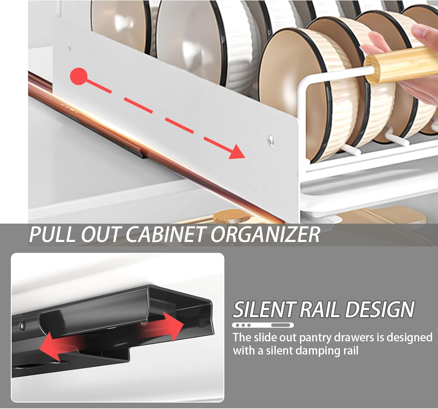 Pull Out Dish Racks Fixed with Adhesive Film, Pull Out Cabinet Organizer, Heavy Duty Slide Out Pantry Drawers for Kitchen Cabinets, Slide Out Drawer Storage Shelves with Handle (Bowl Rack) image number 1
