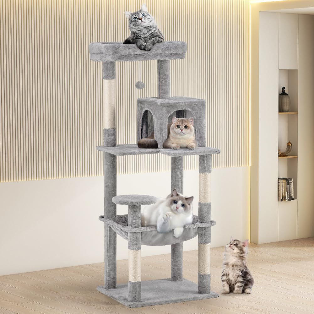 Cat Tree Tower, 142CM Multi-Level Cat Tower for Large Cats, Kitten Furniture Activity Center with Cozy Hammock, Condo, and 4 Sisal Scratching Posts, Gray
