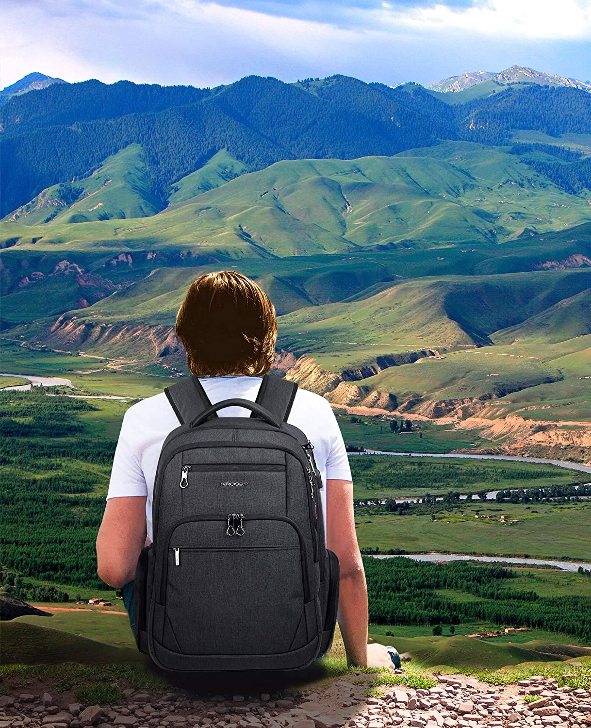 KROSER Travel Laptop Backpack 17.3 Inch Large Computer Backpack Water-Repellent School Daypack with USB Charging Port & Headphone Interface RFID Pockets for Work/Business/College/Men/Women image number 6