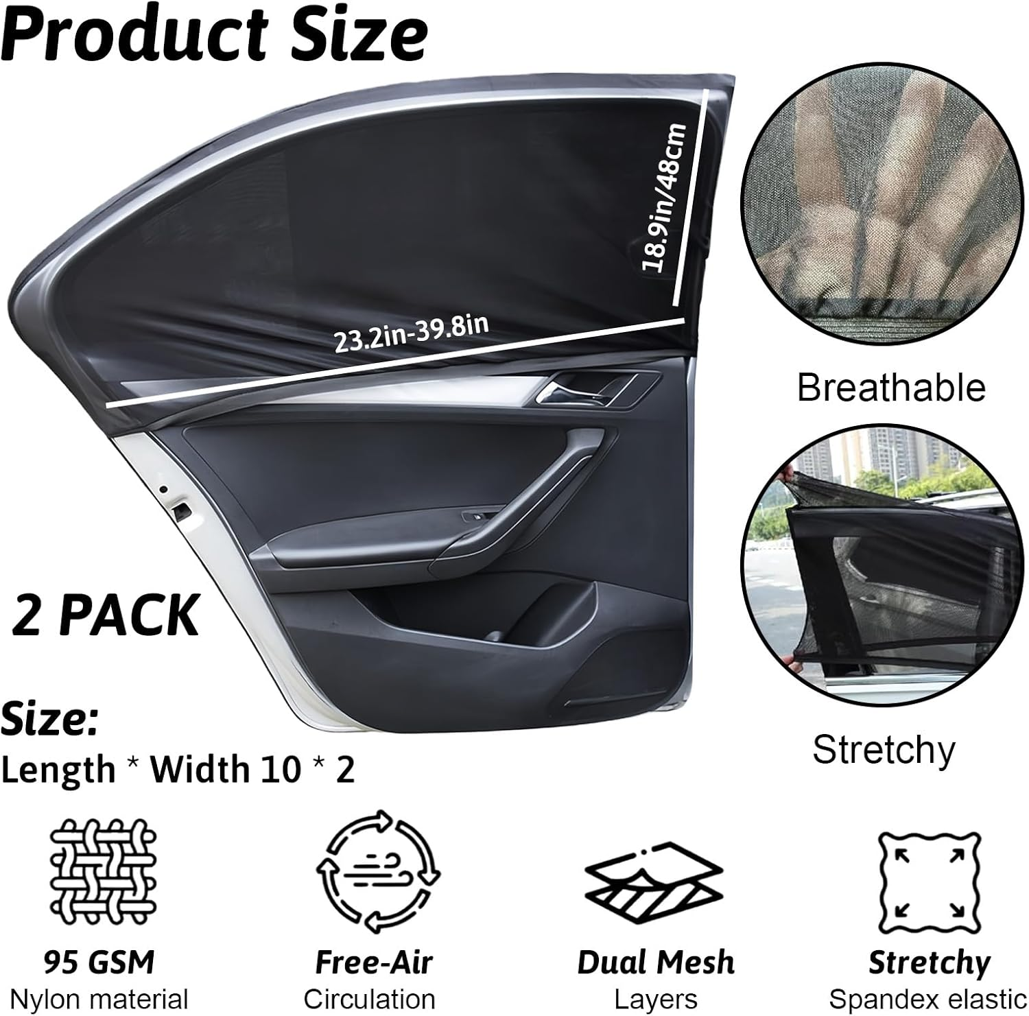 2 Pack Car Window Shade, Sun Shade Car Side Window Covers, UV Protection Breathable Mesh Car Sun Shades for Camping Privacy, Fits Car Truck SUV (39.8"X18.9") image number 2