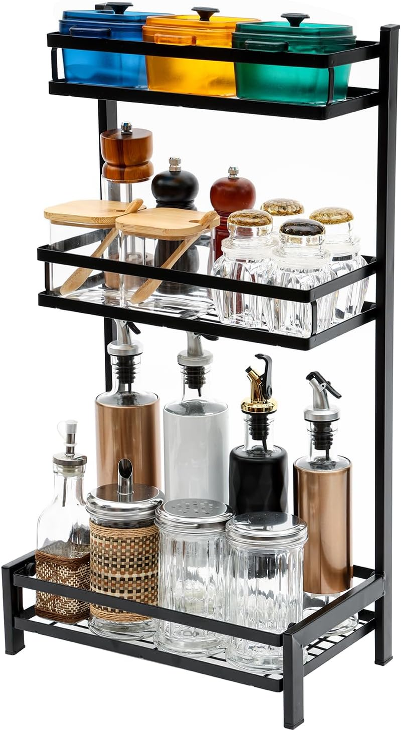 Kitchen Countertop Organiser 3-Level Kitchen Rack, Metal Spice Rack Countertop, Kitchen Shelf under Sink Organiser, Kitchen Bench Top Organiser Kitchen Top Organizer Shelves - Spice Jars Bottle-Black image number 2