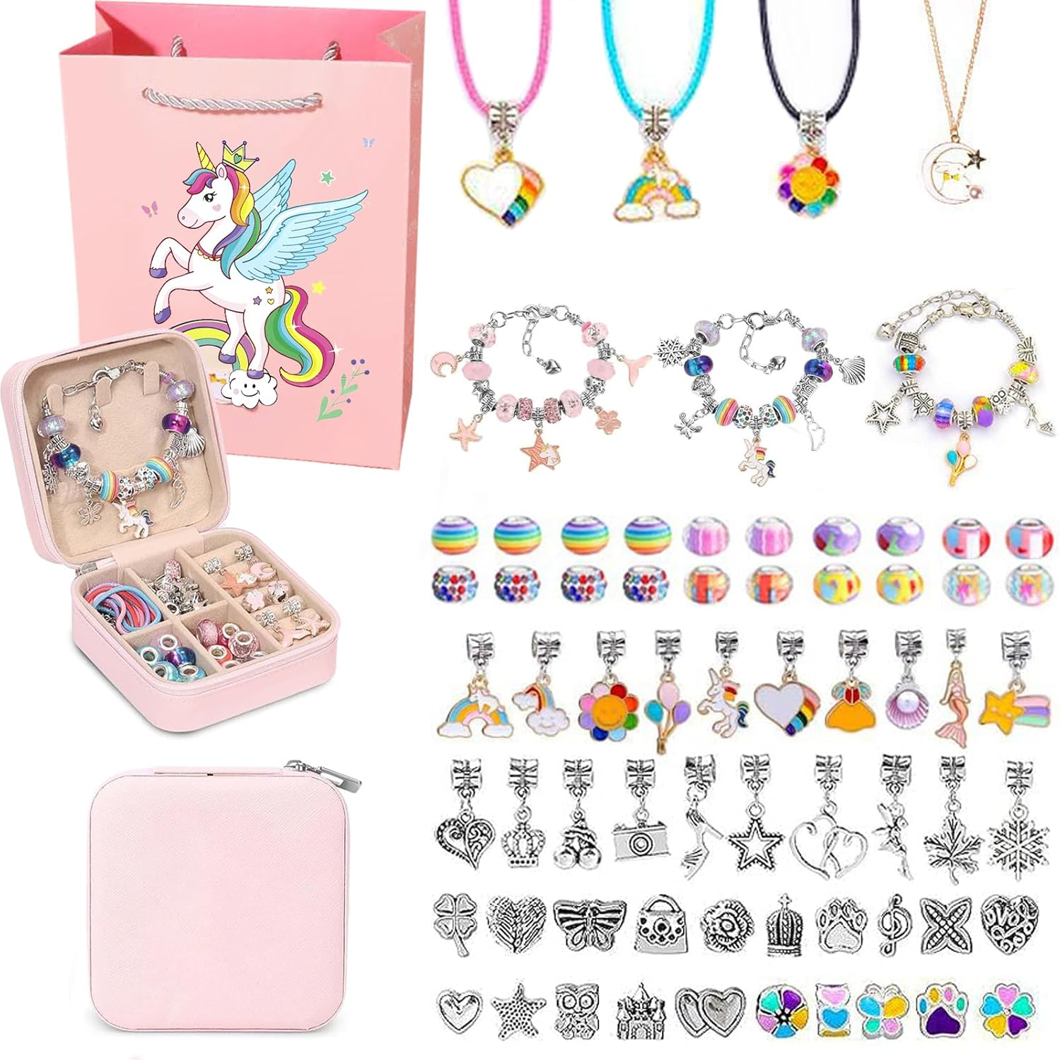 Charm Bracelet Making Kit for Girls, 68Pcs Charm Bracelets Kit with Jewelry Box, Jewelry Charms, Bracelets for DIY Craft, Jewelry Gift Adults and Kids, Present for 8-12 Year Old Girl Colorful (Pink)