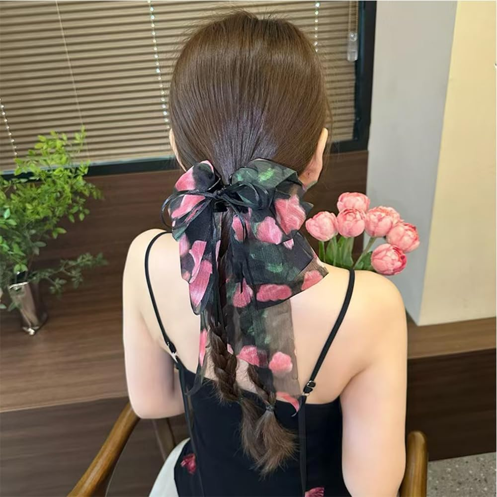 Large Bow Hair Clips with Long Ribbon Soft Broken Chiffon Ponytail Holder Shape for Women (Pack of 1) image number 1