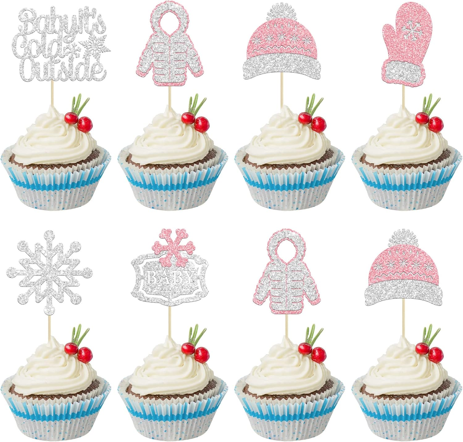 50Pcs Blue Edible Snowflake Cupcake Toppers Snowflakes Cake Topper Decorations for Christmas Winter Holiday Frozen Theme Babyshower Birthday Wedding Party Supplies - Blue image number 6