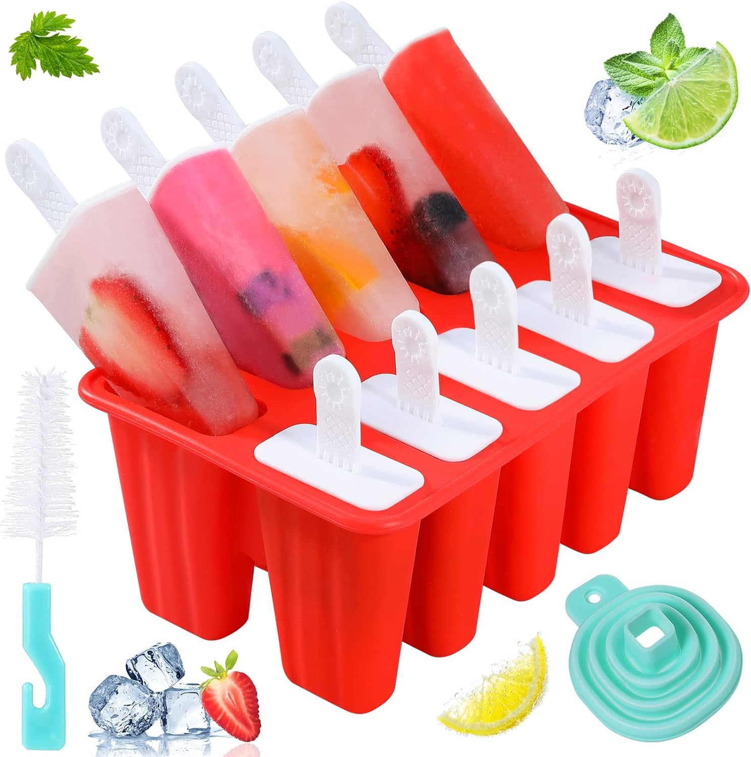 Popsicle Molds,Silicone Ice Pop Molds,Bpa Free Popsicle Mold Reusable Easy Release Ice Pop Maker,Homemade Popsicle Mould with Silicone Funnel and Cleaning Brush (Red, 6 Cavities) image number 3