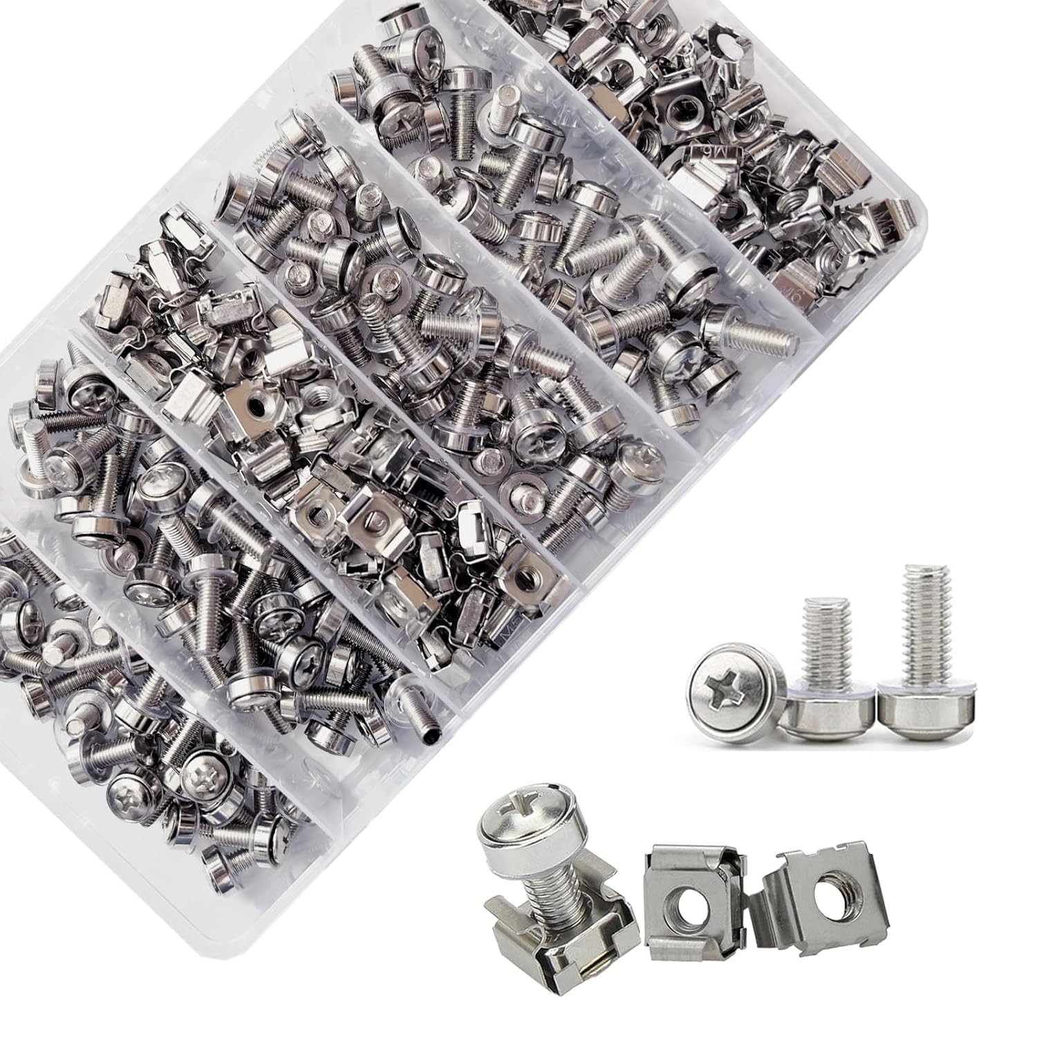 100Sets/200Pcs M5 M6 Cage Nuts Screws and Washers Set,Ymaiss Metric Square Hole Hardware Cage Nut Screws and Washers for Rack Mount Server Shelves Cabinet,Routers Server Rack Silver Upgraded Box image number 5