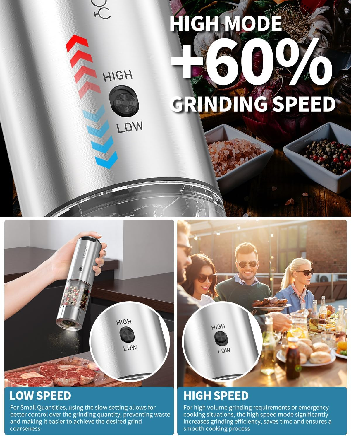 CIRCLE JOY Salt and Pepper Grinder Set Electric Rechargeable Speed Control Pepper Mill Set with Portable Dual Charging Station, External Adjustable Coarseness, 95ML Spice Container image number 3