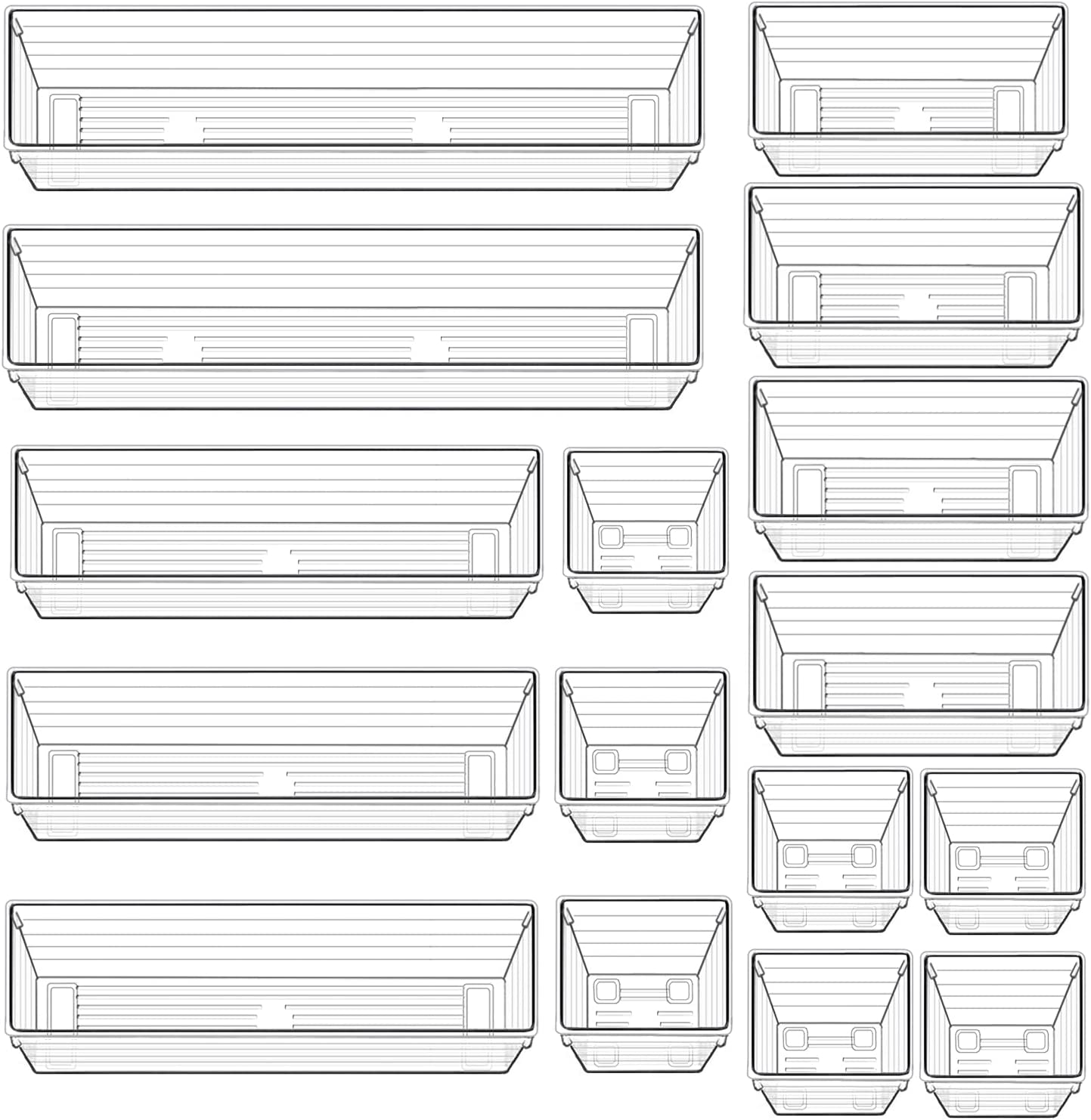 QUIENKITCH 16PCS Drawer Organiser Tray Set 4 Different Size Clear Plastic Desk Drawer Dividers Storage Bins for Makeup, Kitchen Utensils, Jewelries, and Gadgets &hellip; image number 3