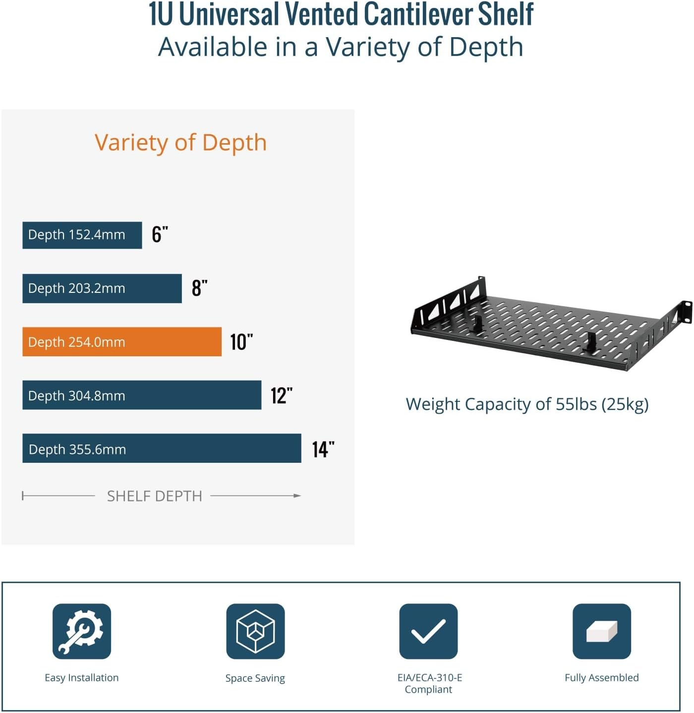 Tecmojo 1U Server Rack Shelf, Universal Rack Mount Shelf- 250 Mm Deep, Vented Cantilever Tray for 19 Inch Server Racks & Network Cabinets, Good Air Circulation, Weight Capacity 25 Kg / 55Lbs, Black image number 6