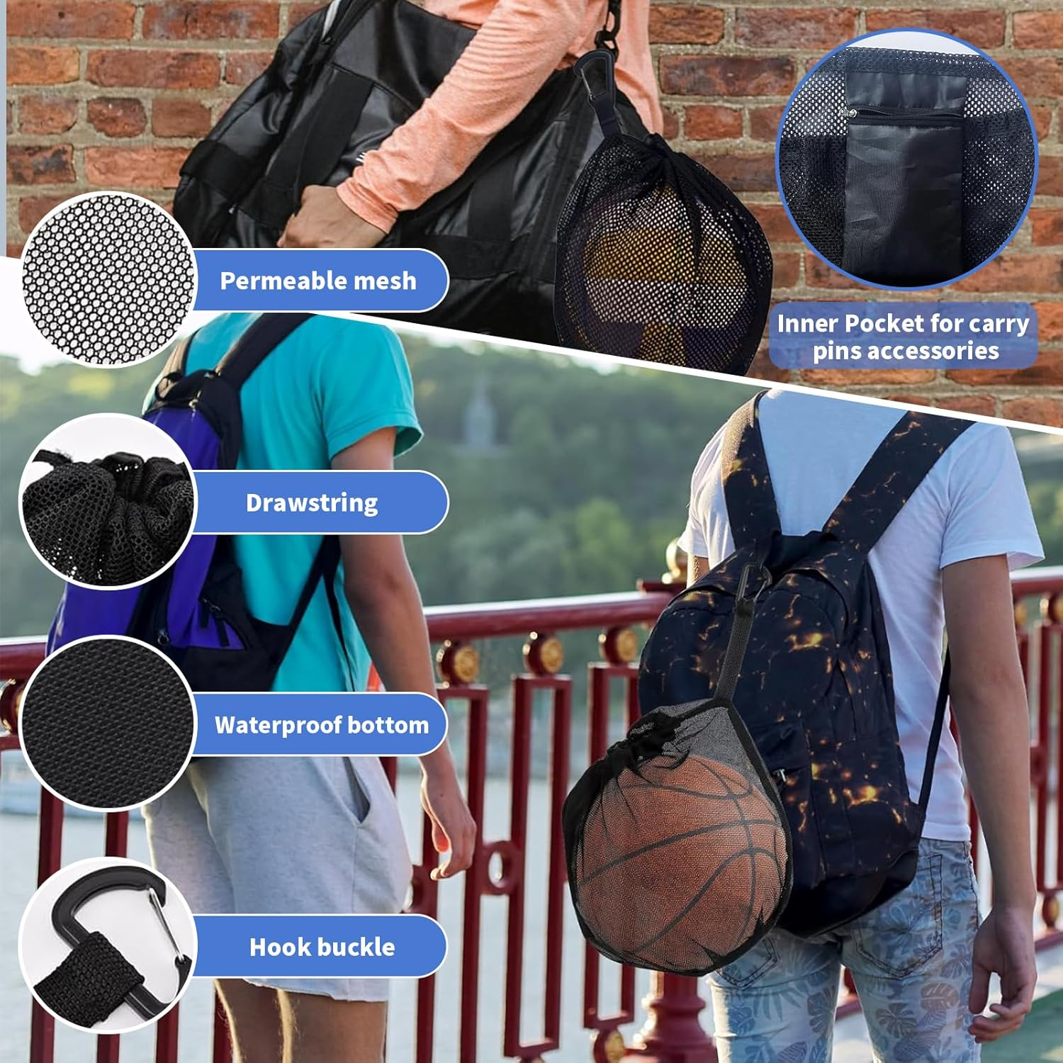 2 PCS Drawstring Basketball Bag, Basketball Football Volleyball Carry Bag, Clip on Ball Holder for Backpack, Basketball Storage Net Bag, Mesh Handbag Ball Bag for Basketball Football Volleyball