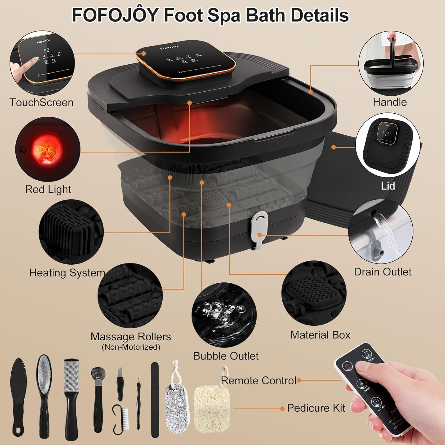 Foot Spa Bath Massager,Collapsible Foot Spa with Heat and Massage and Jets, Bubble, Temperature Control, Remote Control,Foot Spa Massager with Pedicure Kit, Pedicure Foot Bath image number 4