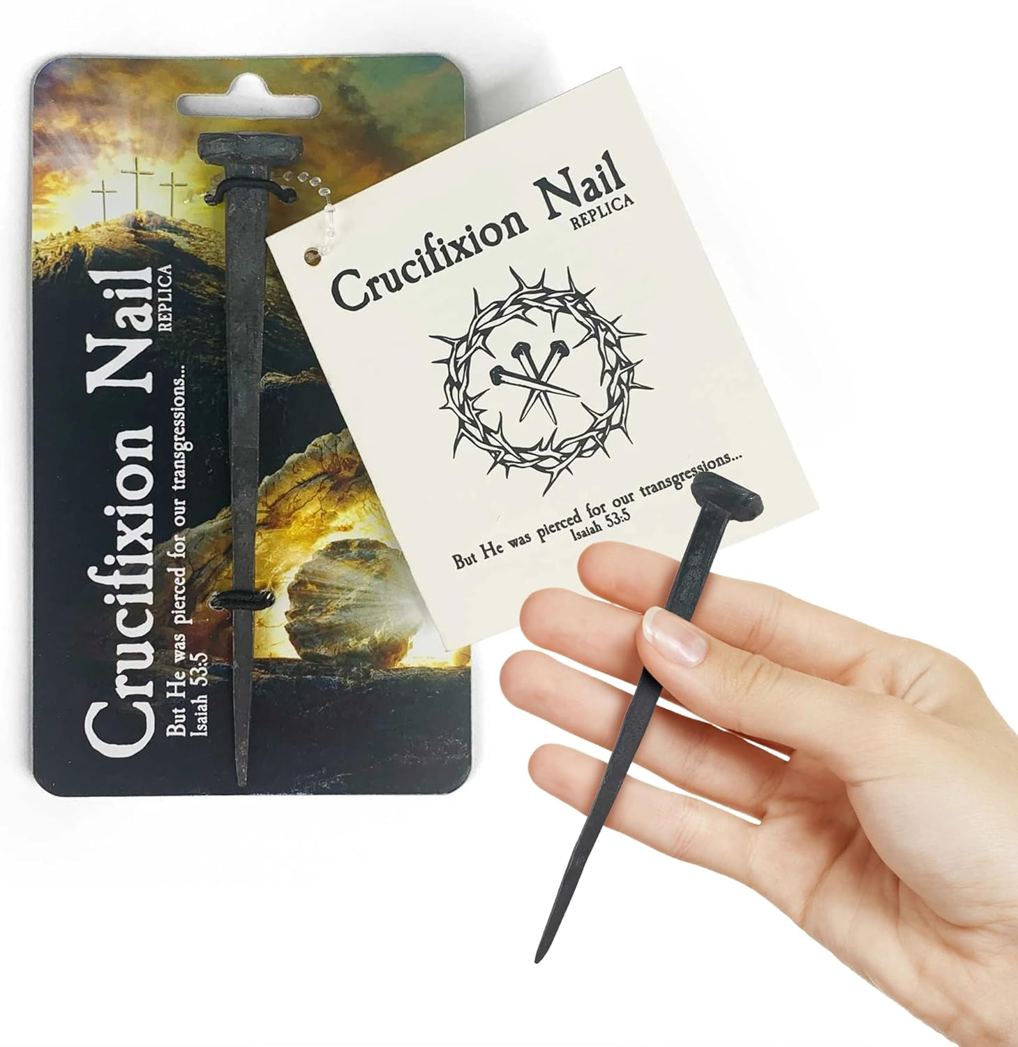 4.5" Crucifixion Iron Nail Replica & Passion of the Christ Booklet (Luke 23:23-46) - Symbolic Roman Jesus Christ Crucifixion Nails Isaiah 53:5 Full-Color Card for Gifting - Easter and Lent Decoration image number 2