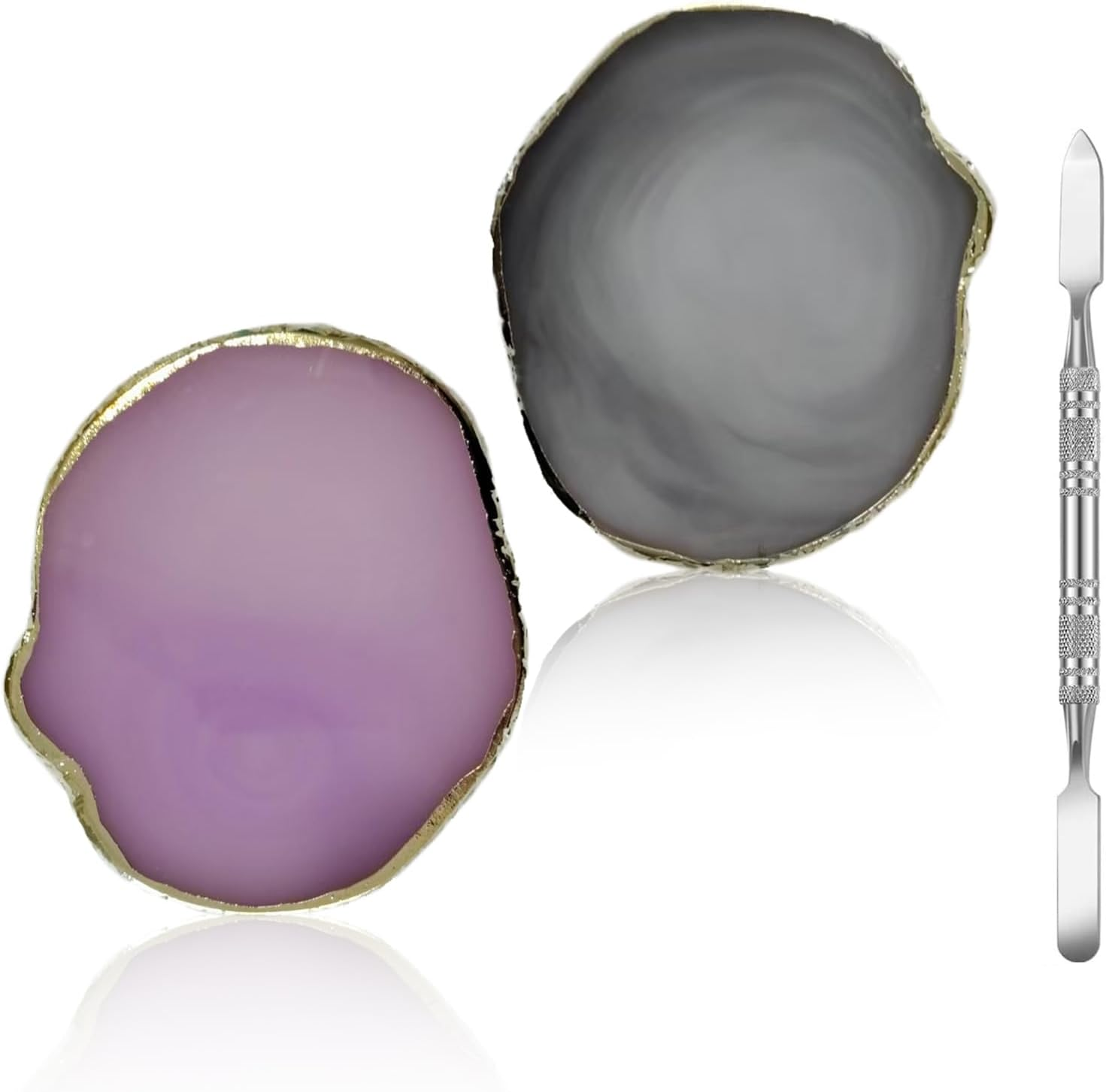 Tavvke 2 Pcs Resin Nail Palette with Stainless Steel Stirring Rod, Nail Art Display Board, Gold-Edged Mixing Board for Polish, Gel, and Makeup (Gray and Purple) image number 3