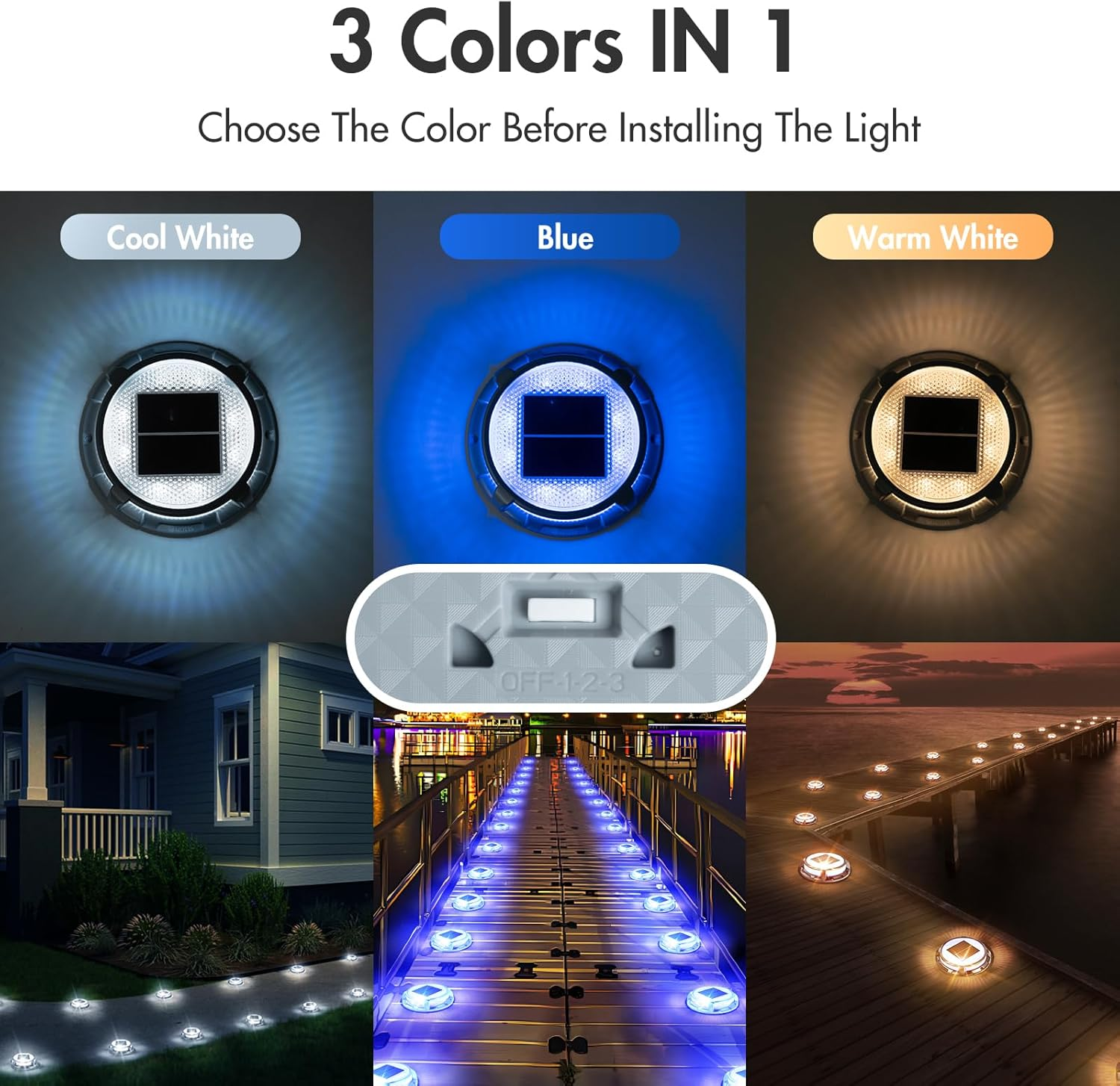 Quntis Solar Deck Lights Outdoor 2 Pack, 3 Color Modes Solar Driveway Lights IP68 Waterproof, Deck Light for Stair Pathway Pool Walkway Road (Blue/Cool White/Warm White)