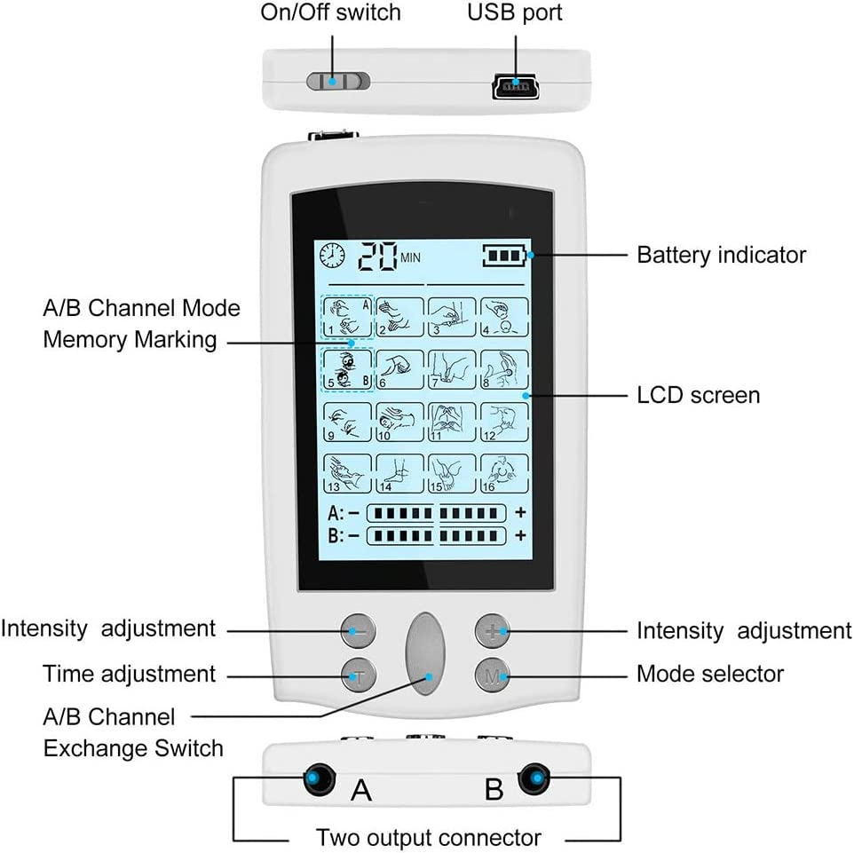 Dual Channel 16 Modes Muscle Stimulator for Pain Relief Therapy, Electronic Pulse Massager Muscle Massager with 8 Pads, Dust-Proof Drawstring Storage Bag image number 4