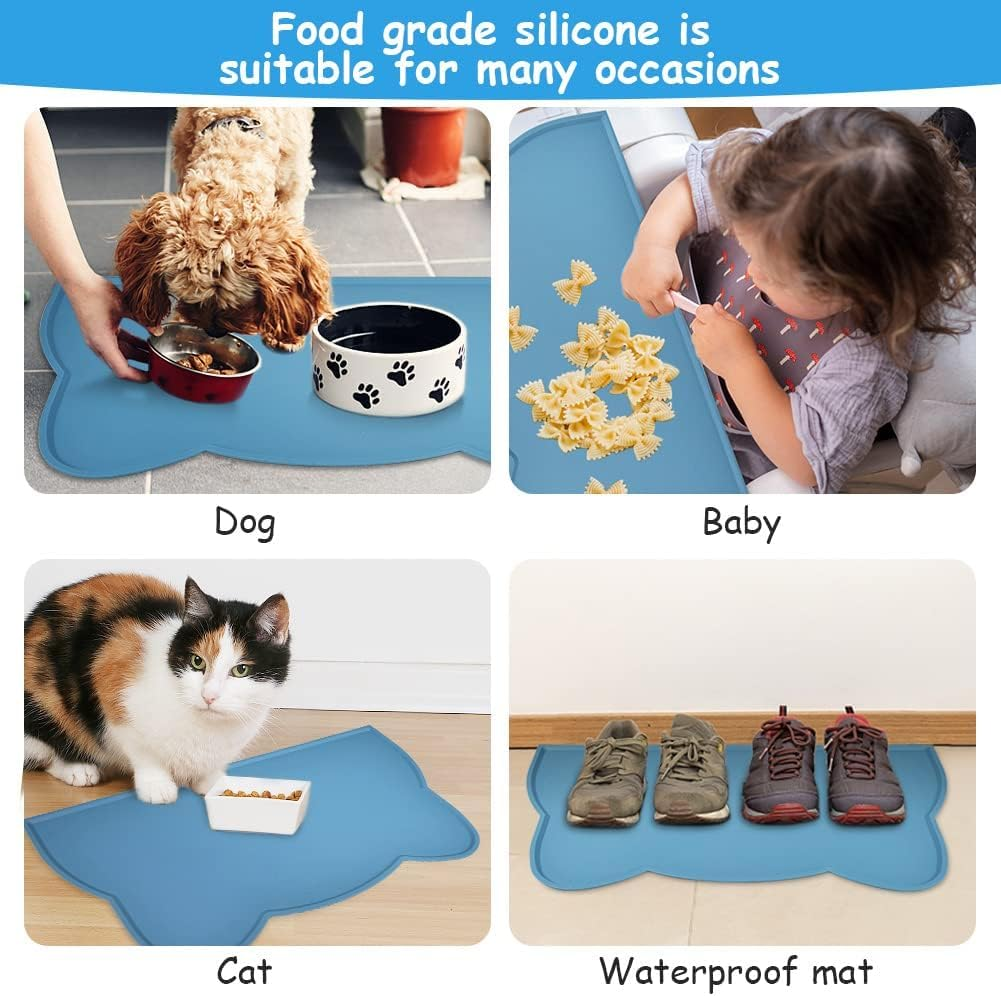 VSSHE Cat Food Mat, Silicone Pet Food Mat for Floor Non-Skid Waterproof Dog Water Bowl Tray Mat Dog Cat Placemat Mat with Raised Edge 18 * 9.8'' Pet Feeding Food for Small Dogs and Cats Blue image number 5