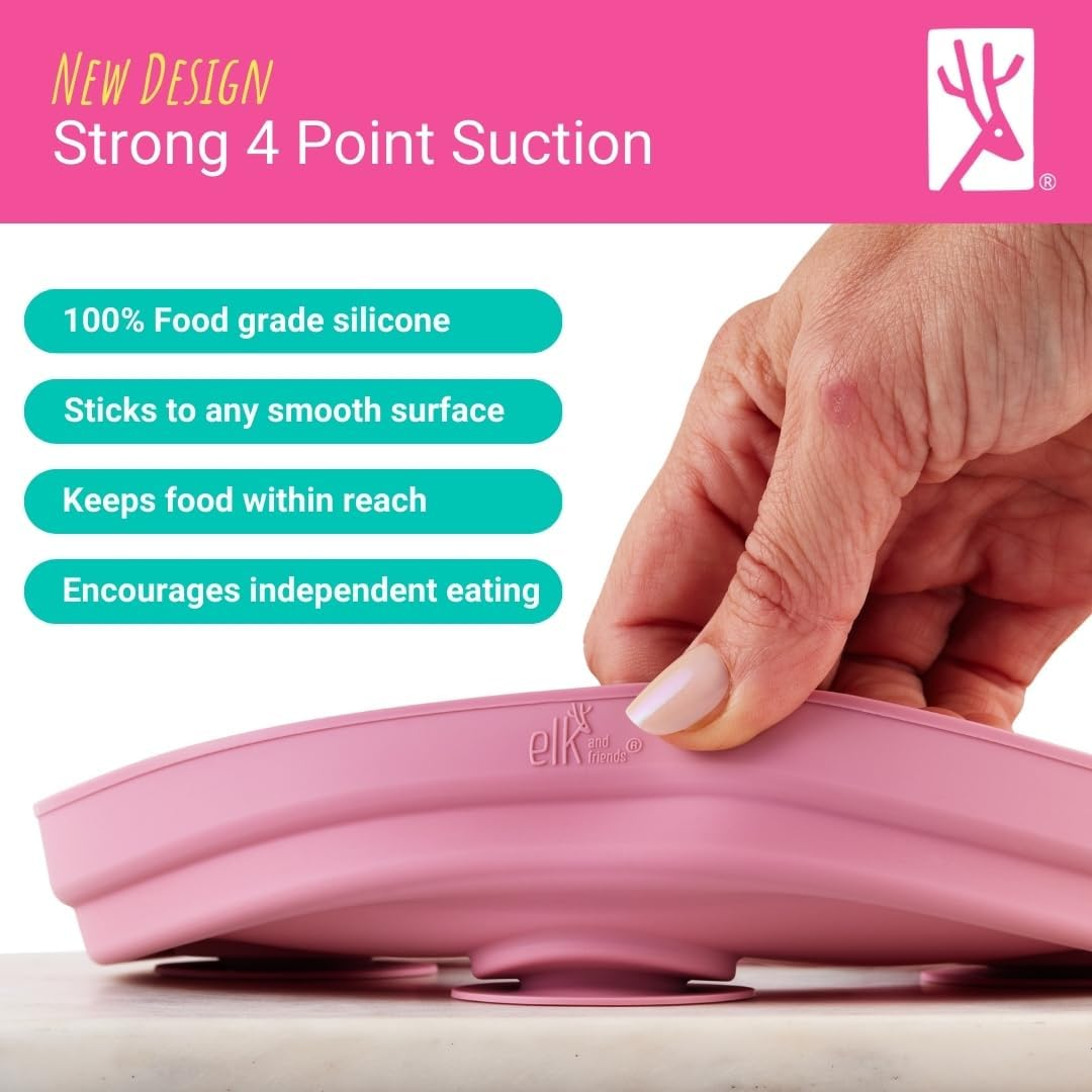 Elk and Friends Kids 7.8&rdquo; Porcelain White Divided Plates with Silicone Suction Sleeves | Suitable for Babies/Toddlers | Microwave & Dishwasher Safe | Stay Put Dinnerware | Snack Dishes | 4 Pack image number 6