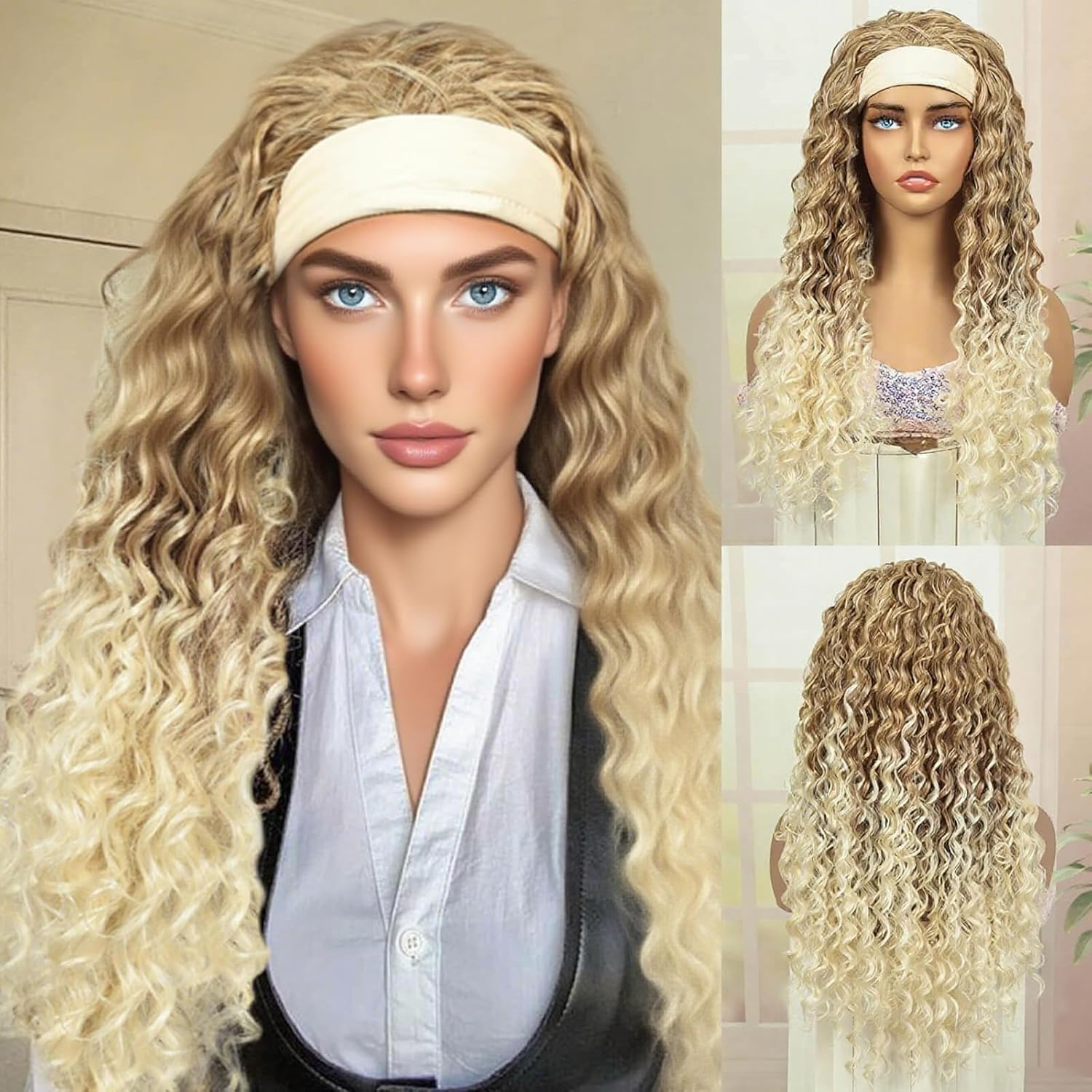 PHOCAS Deep Wave Headband Wig Ombre Blonde Headband Wig Long Curly Synthetic Headband Wig for Women Daily Use 23''/58Cm image number 5