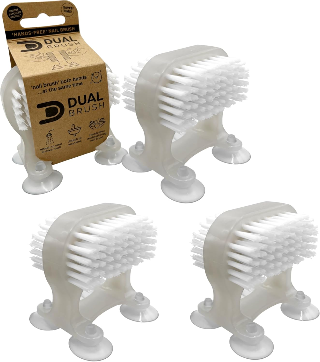 3 X Dual Brush Nail Brush - Hands Free Fingernails Cleaning - Scrub Both Hands at the Same Time - Unique Suction Cup Design - Saves Time, Cleans Nails Easily. Attach to Washbasin, Sink, Bath (3 Pack) image number 5