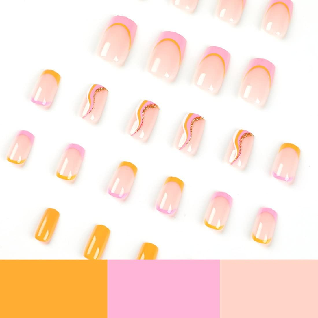 24 Pcs Swirl Square False Nails Short, Rainbow French Press on Nails with Wavy Pattern, Ballerina Acrylic Fake Nails Full Cover Stick on Nails 24Pcs for Women and Girls image number 5