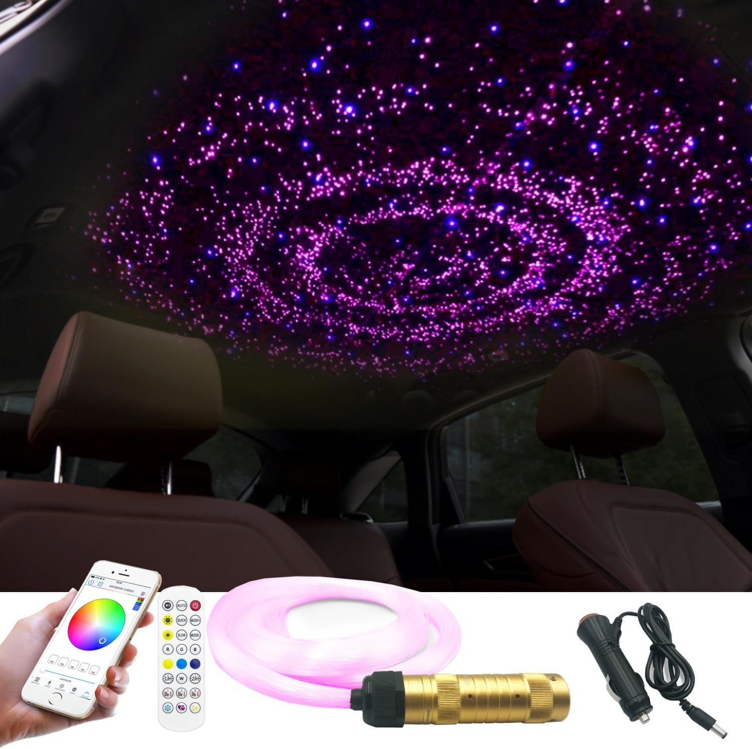 Starry Sky Fibre Optic Light for Car, 300 Pieces, 2 M, 0.75 Mm Fibre Optic Cable Star Ceiling Lights Kit, Bluetooth APP/RF Remote Control, RGBW Fibre Optic Light, Music Synchronization, Timing And image number 4