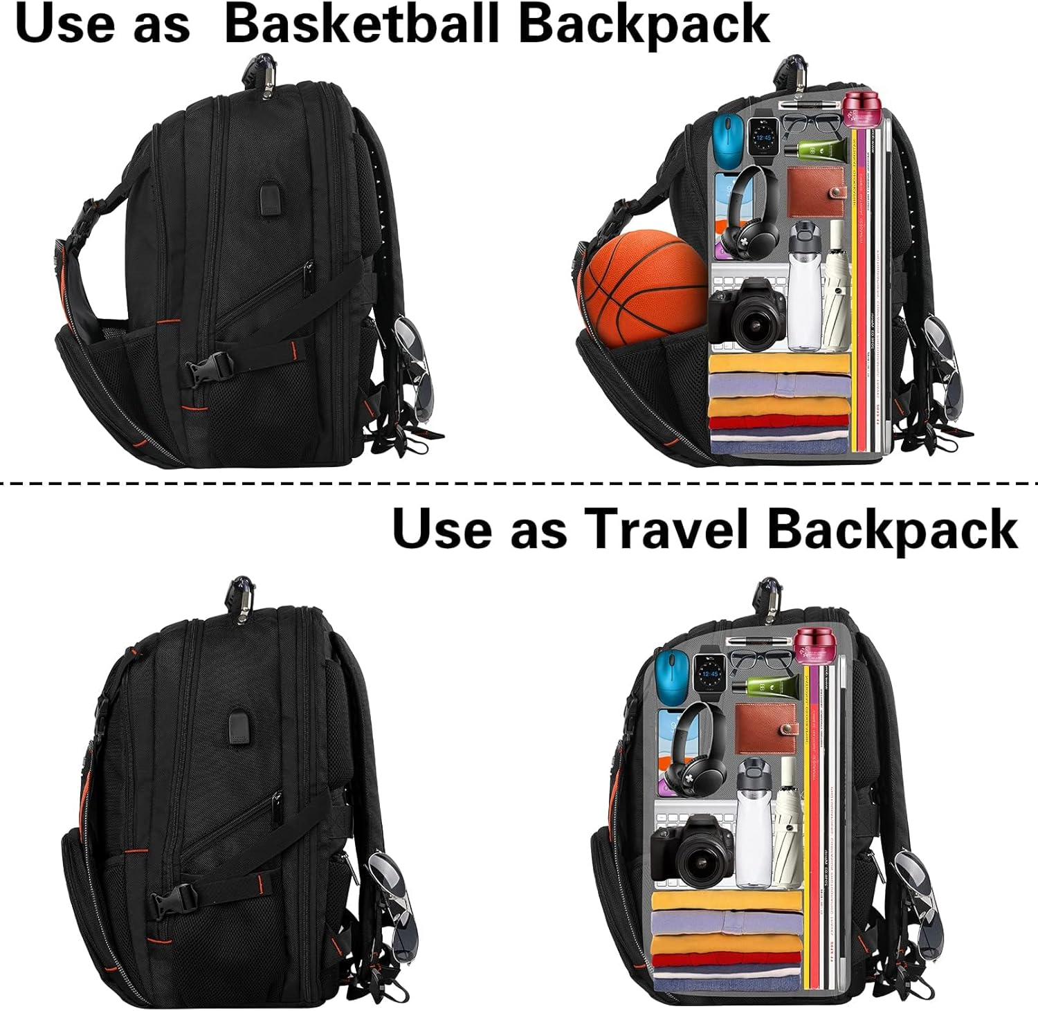 Travel Laptop Backpack, Extra Large Bookbag for Men Women,Basketball Backpack with USB Charging Port RFID anti Theft TSA Approved,College Student Bag Fits 17 Inch Computer Notebook image number 4