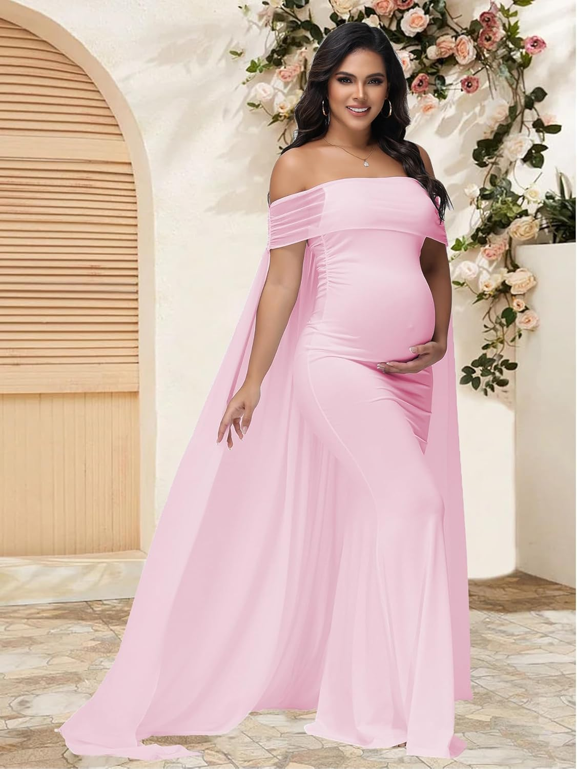 Justvh Women'S Maternity Mesh off Shoulder Chiffon Maxi Photoshoot Dress for Baby Shower Cloak Outfit Maxi Photography Gown image number 2