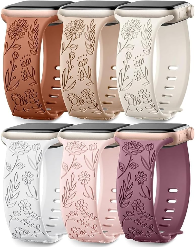 6 Pack Floral Engraved Bands Compatible with Apple Watch Band 40Mm 38Mm 41Mm 42Mm 44Mm 45Mm 49Mm Women, Silicone Soft Cute Flower Pattern Strap for Iwatch Series Ultra Ultra 2 SE 9 8 7 6 5 4 3 2 1