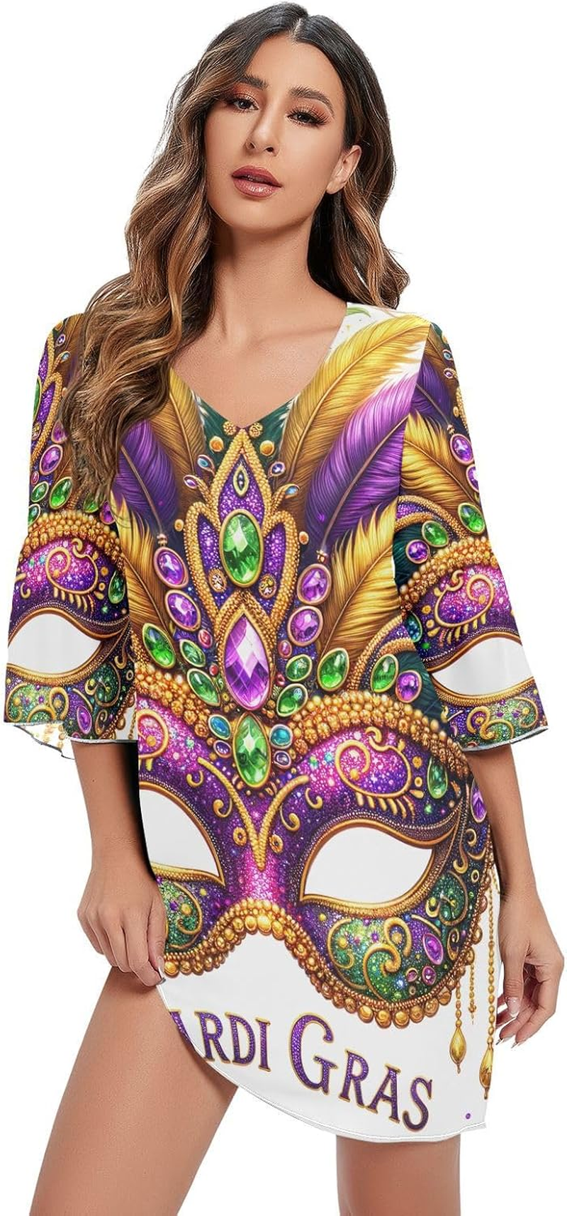 Beautiful Mardi Gras Mask Short Chiffon Dress Printed Chiffon Line Maternity Dress image number 5