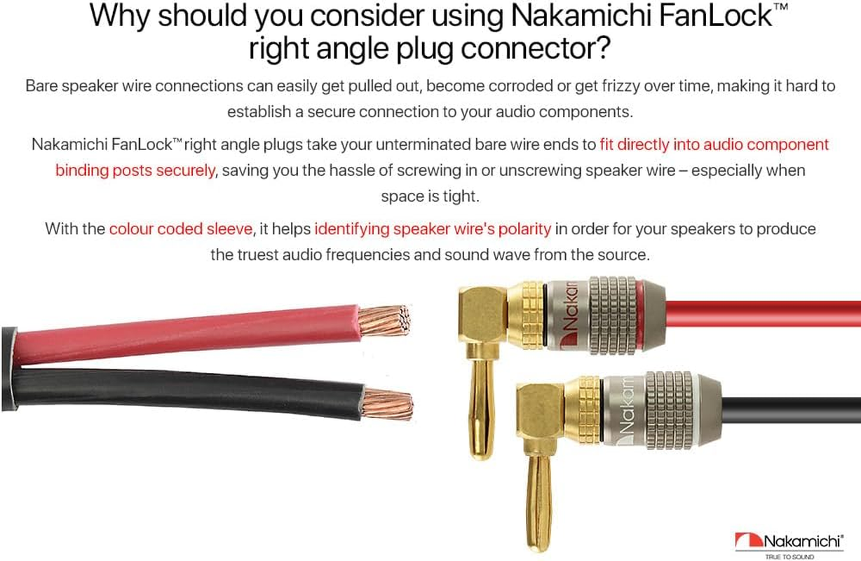 Nakamichi Fanlock Excel Series 24K Gold Plated Right-Angle 90 Degree Banana Plugs 10 AWG - 18 AWG Gauge Size 4Mm for Speakers Amplifier Hi-Fi Home Theatre Wire Cable Quick Connector, 12 Pcs (6-Pairs) image number 1
