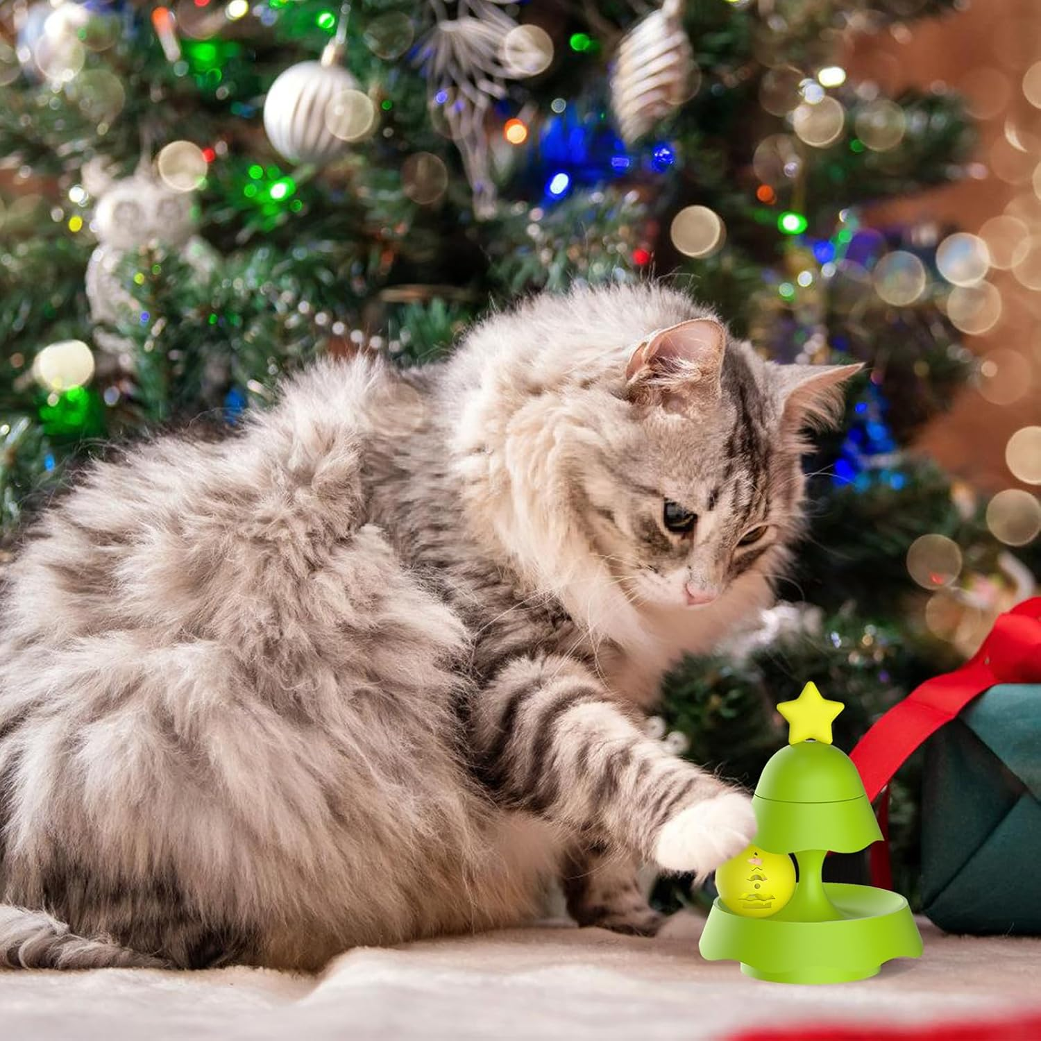Christmas Cat Teaser Ball Toy Fun Interactive Cat Toys for Indoor Cat Ball Toys with Circle 1 Level Cat Roller Toy with 1 Bell Ball for Remove Boredom and Physical Exercise image number 3