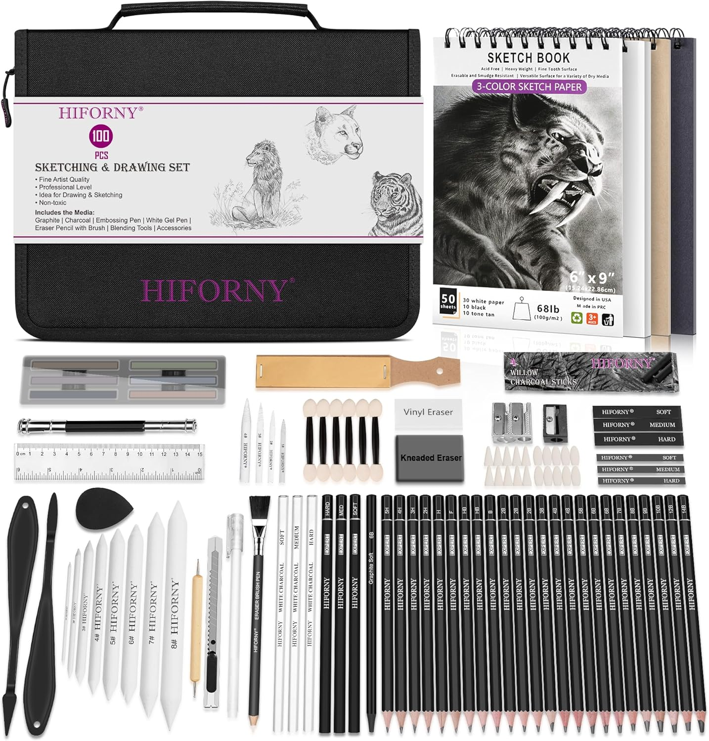 HIFORNY 100 PCS Drawing Set Sketching Kit,Sketch Pencils Art Supplies with Graphite,Charcoal,Blending Tools & Accessories,Portable Zippered Travel Case for Artists & Beginners image number 4