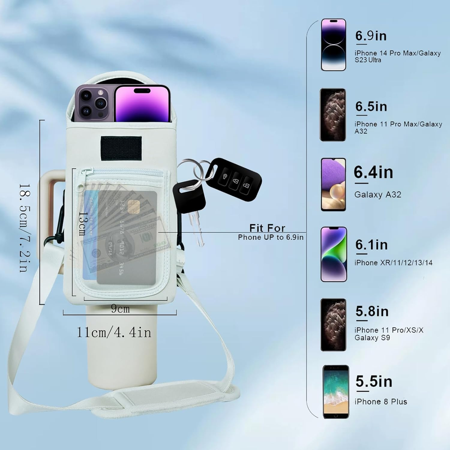 Water Bottle Carrier Bag with Pocket Fits for Stanley 40 Oz Tumbler, Neoprene Water Bottle Holder Pouch with Adjustable Strap for Stanley Cup Accessories (Pink Flower)