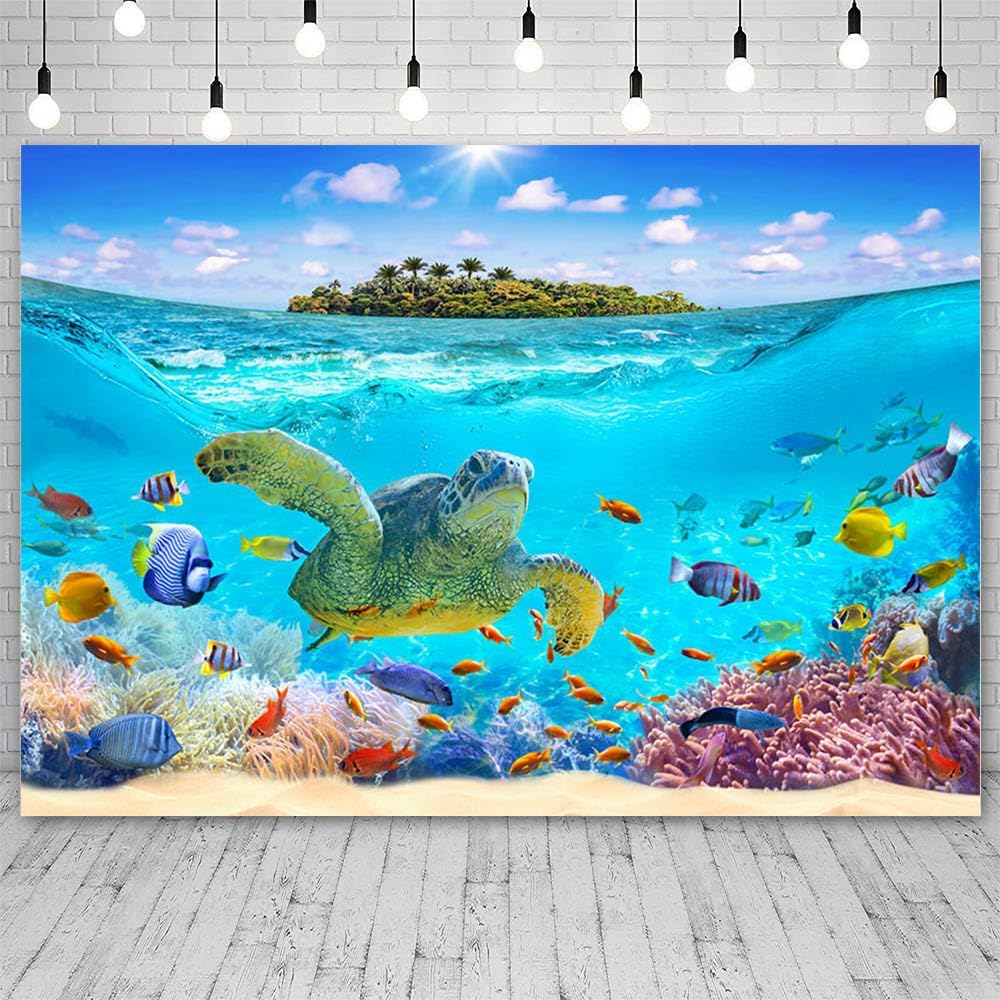 AIBIIN 7X5Ft under the Sea Backdrop Summer Ocean Coral Sky Clouds Seaside Islands Birthday Photography Background Baby Shower Party Decor Portrait Photo Props image number 2