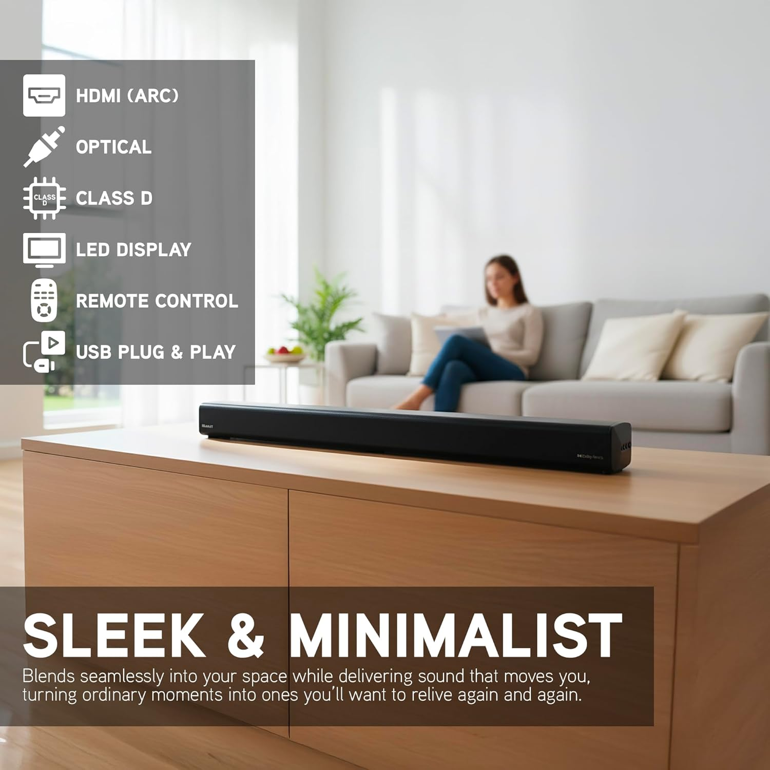 Blueant XT100 TV Soundbar with Wireless Subwoofer 120W Home Theater Sound System, Bluetooth & HDMI ARC, Powerful Bass, Surround Sound for TV, Movies & Music, Dolby Atmos, Output Power 50W image number 3