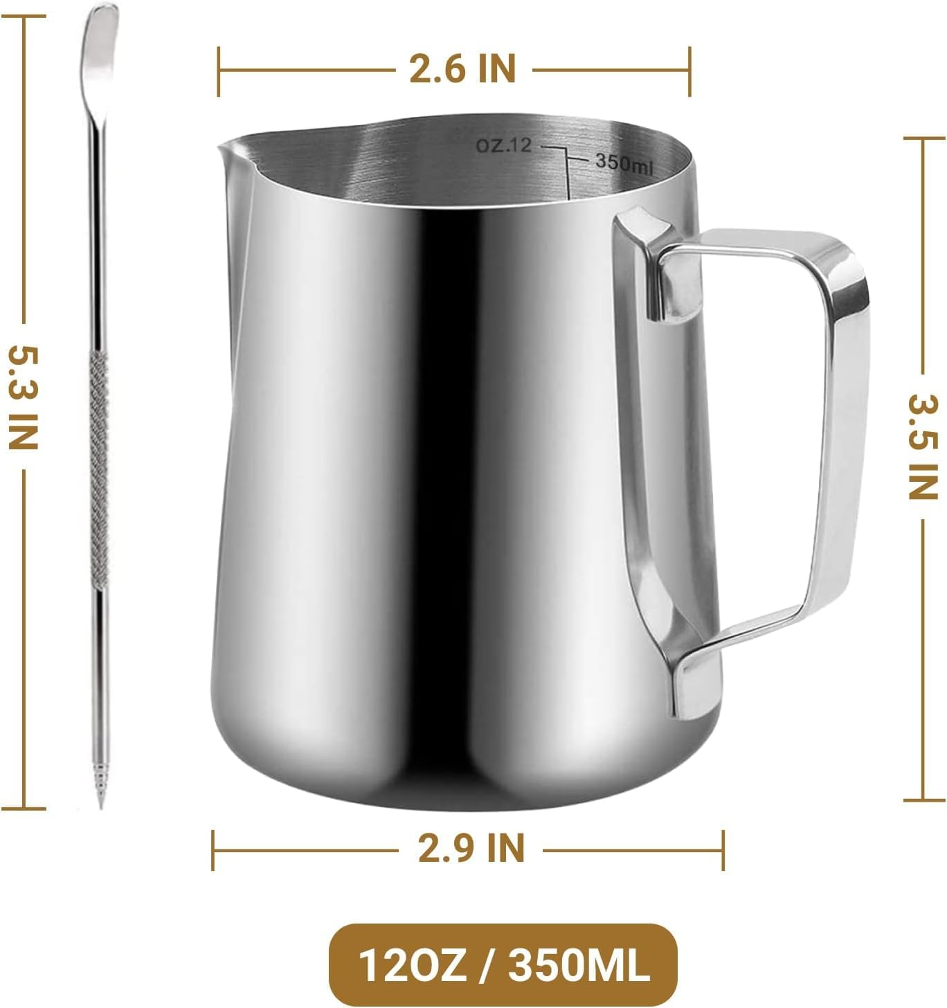 Mumoo Bear Milk Frothing Pitcher Decorating Art Pen SUS304, Stainless Steel Milk Frother Cup Steaming Measurements inside for Espresso Machine Coffee Foam Making Cappuccino Latte Art (12 Oz/ 350Ml) image number 3