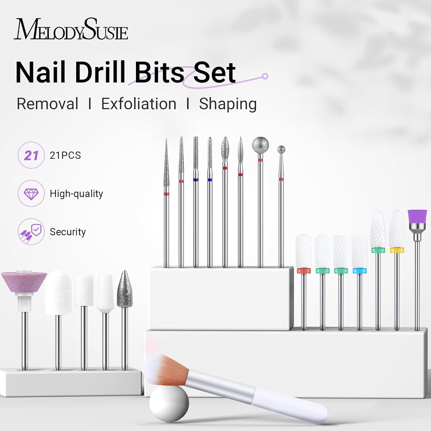 Melodysusie 21Pcs Nail Drill Bit Set, Professional 3/32'' Ceramic Diamond Carbide Acrylic Gel Nail Art Tool Kit, Cuticle Remover Bit for Acrylic Gel Dip Powder, Nail Manicure Pedicure, Salon Home image number 6