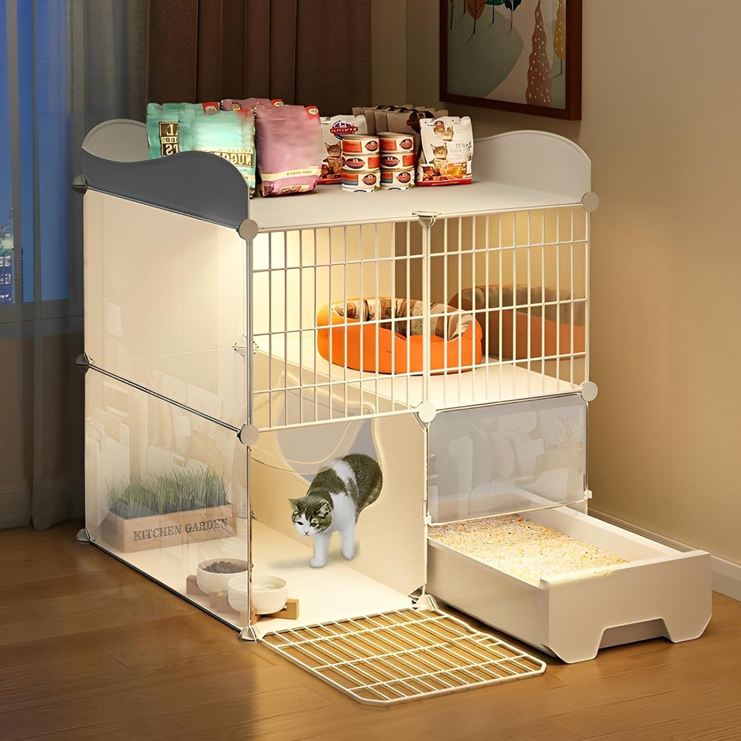 Taoluwin Cat Cage, Space-Saving Cat Villa with Litter Box, 360&deg; Semi-Enclosed Kennel Playpen for Indoor Cats, Easy Assembly Pet Cage for Home, RV, Travel (2 Rows)