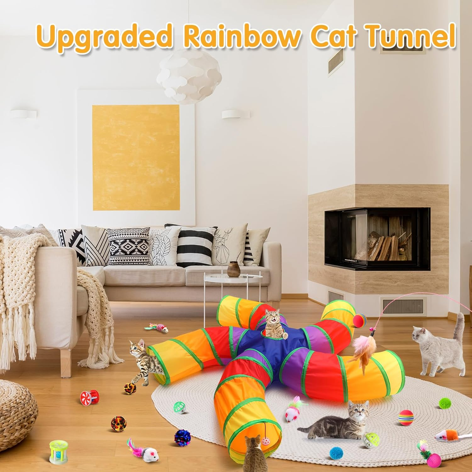 Poen 21 Pcs Cat Tunnel for Indoor Cats Set Collapsible 5 Way Cat Tubes with 20 Pcs Cat Toys Kitten Toys Interactive Cat Feather Toy Mouse Crinkle Balls Cat Tube for Puppy Kitten Rabbit(Colorful) - Colorful image number 2