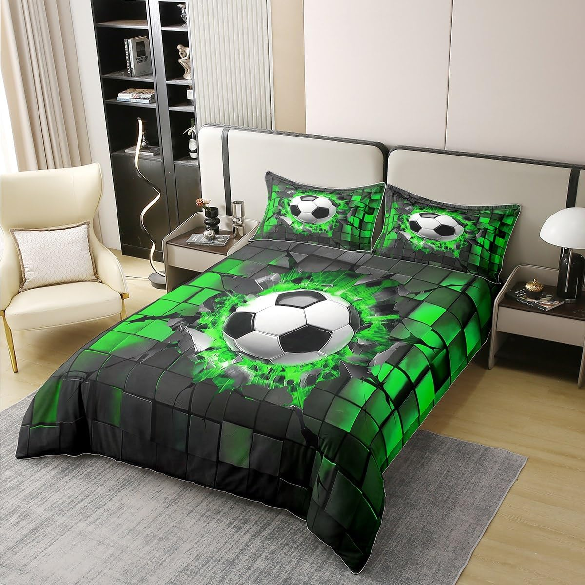 Football 100% Cotton Bed Linen, Football Lovers Sports Game Duvet Cover 135 X 200 Cm for Children Adults Green 3D Check Plaid Bedding Set, Neon Geometry Comforter Cover 1 Pillowcase Breathable image number 2