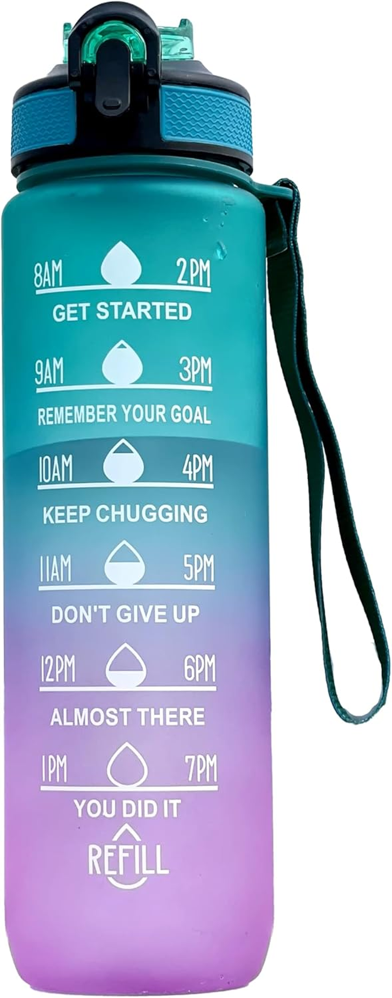 O'Mango Motivational Water Bottle, 1000Ml, Time Marker, Built-In Straw, Blue-Purple Gradient (ORANGE-GREEN) - Aqua image number 3