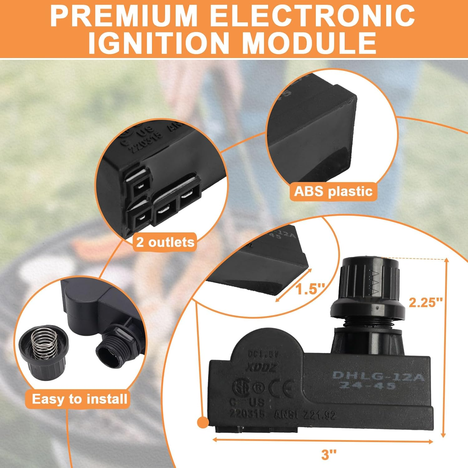 DHLG-12 Grill Igniter Kit G511-0055-W1 for Charbroil Ignitor Replacement, G350-0017-W1 2 Outlet BBQ Electronic Ignition Module with Wires and 2 Igniter Buttons for Charbroil Surefire Ignition Systems