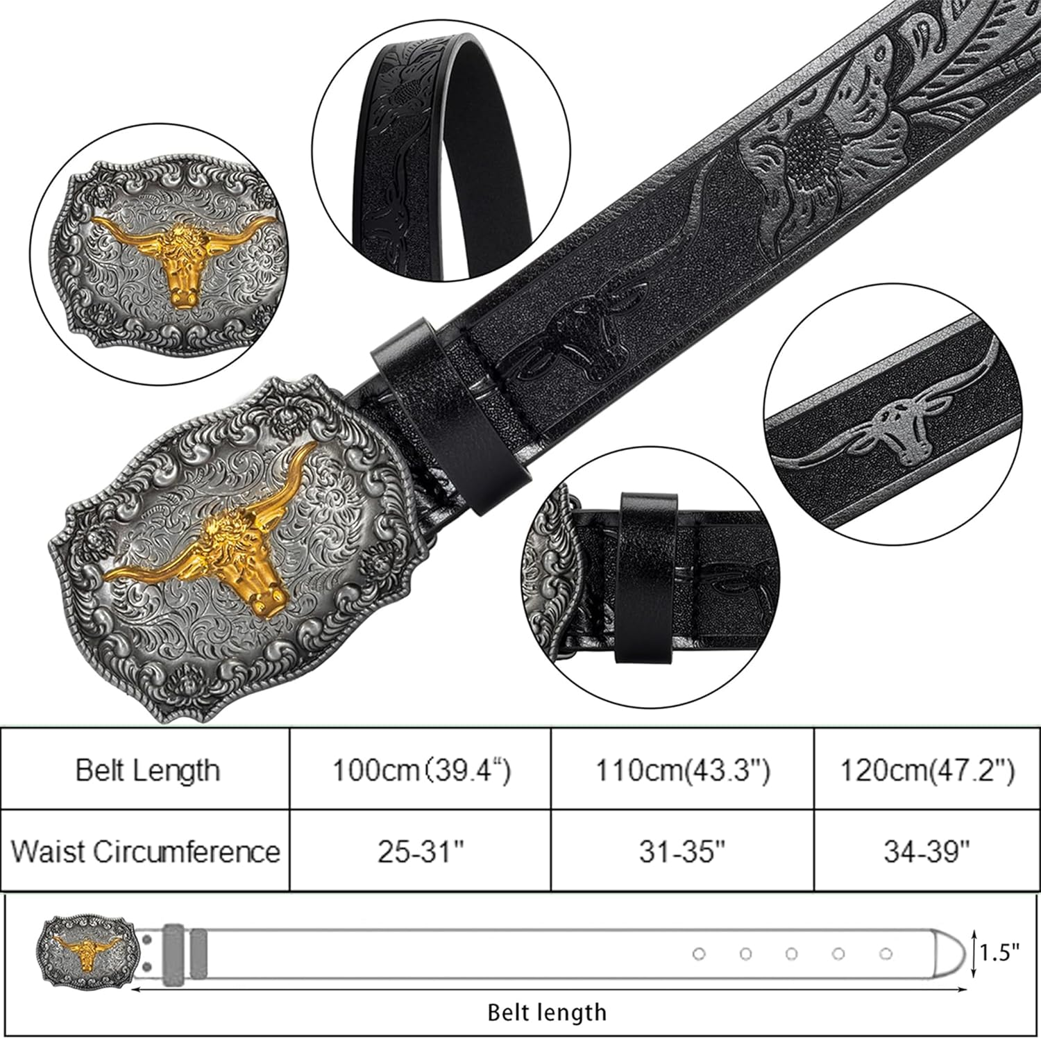 Vikodah Men & Women-Western-Cowboy-Leather-Belts - Longhorn Bull Pattern Buckle Belt Floral Engraved Buckle Belt for Jeans image number 4
