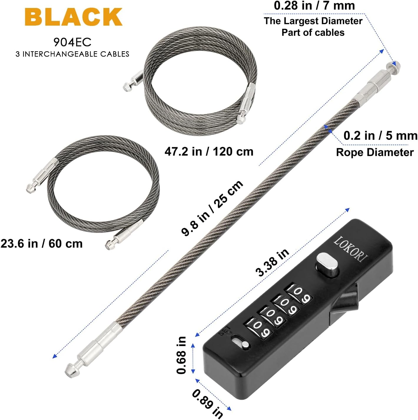 Chain Link Lock, 3 Insterchangeable Multi-Length Cables Zinc Alloy Combination Lock, with 1/5 Inch Locking Cable, Wide Use for Small Bike, Outdoor Fence, Suitcase, Travel Luggage - Black image number 6